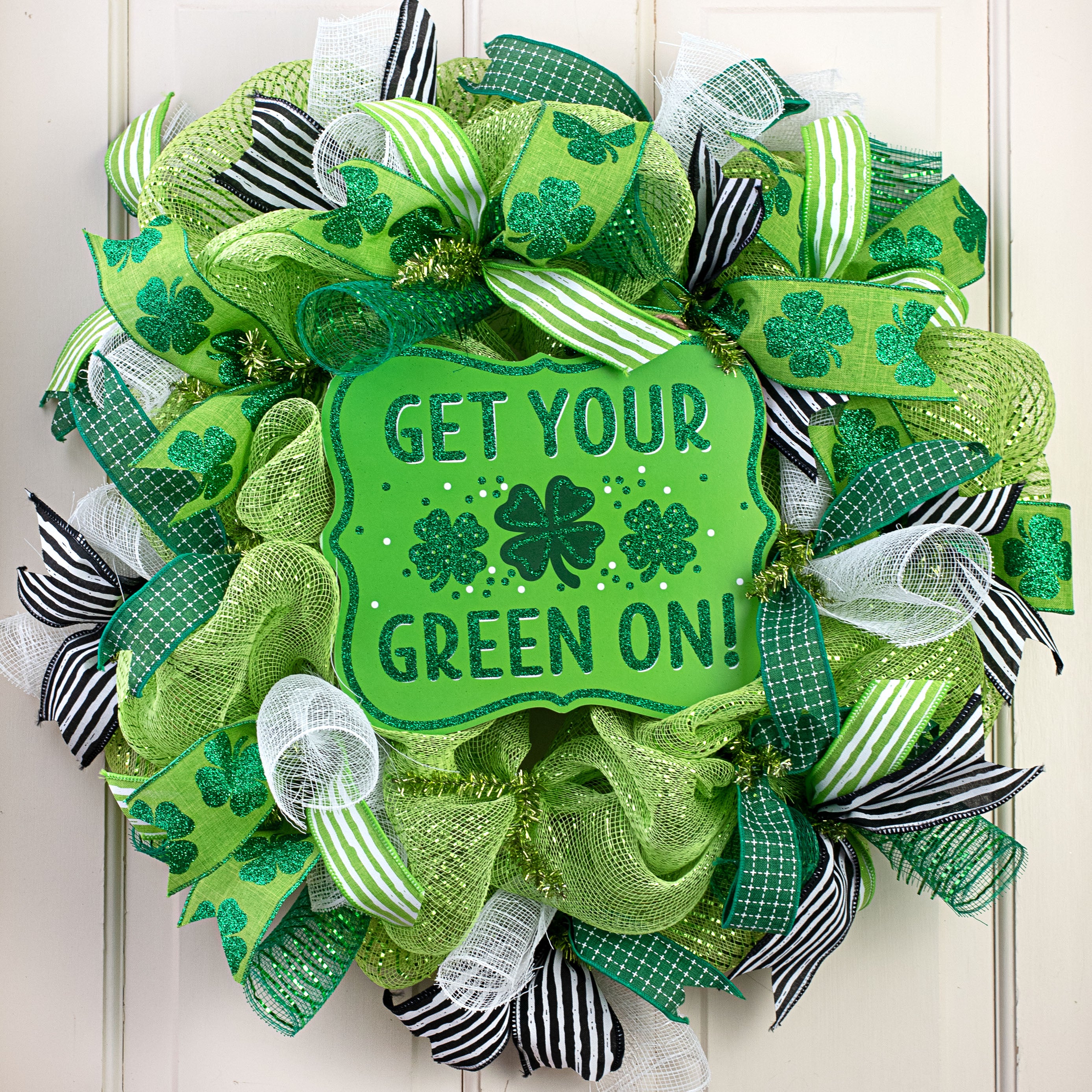 10" Scalloped Wooden Glittered Sign: Get Your Green On! Lifestyle Photo