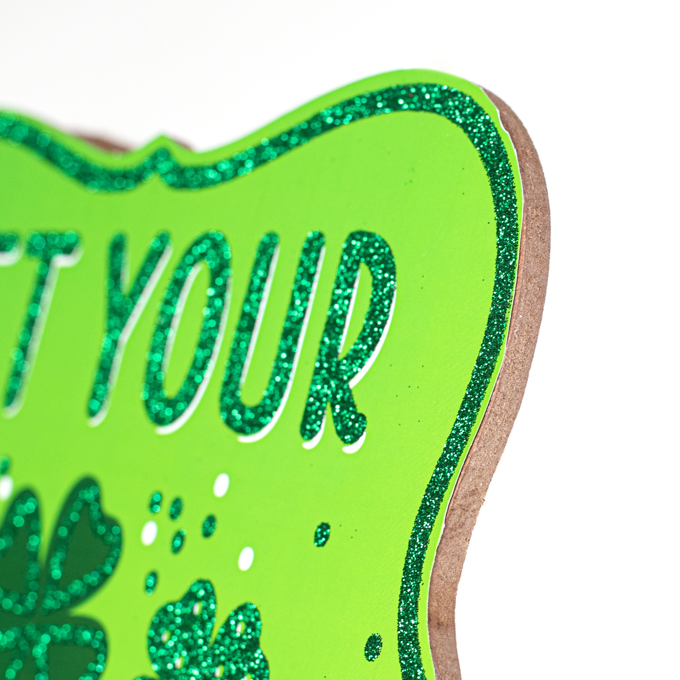 10" Scalloped Wooden Glittered Sign: Get Your Green On! detail photo 3