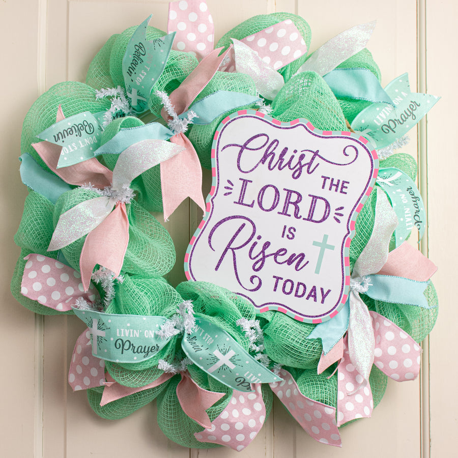 10" Scalloped Wooden Sign: Glittered The Lord is Risen Lifestyle Photo