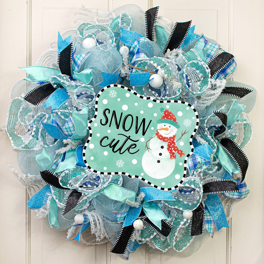 10" Scalloped Wooden Sign: Mint Snow Cute Snowman Lifestyle Photo