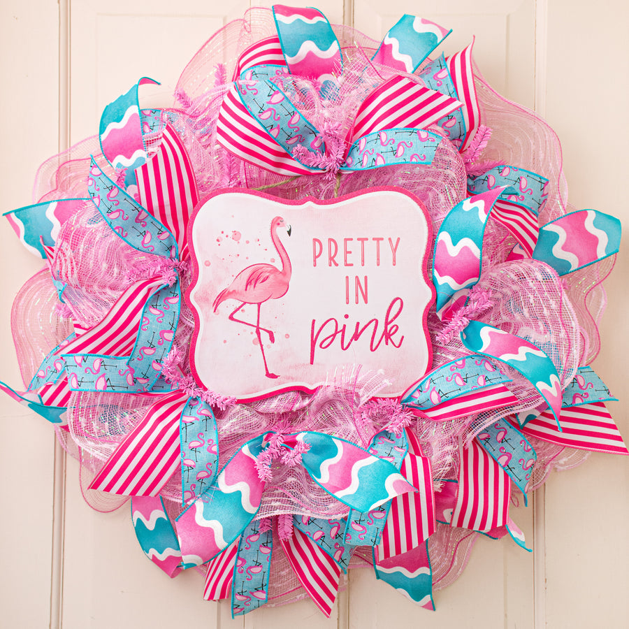 10" Scalloped Wooden Sign: Pink Glitter Flamingo Lifestyle Photo