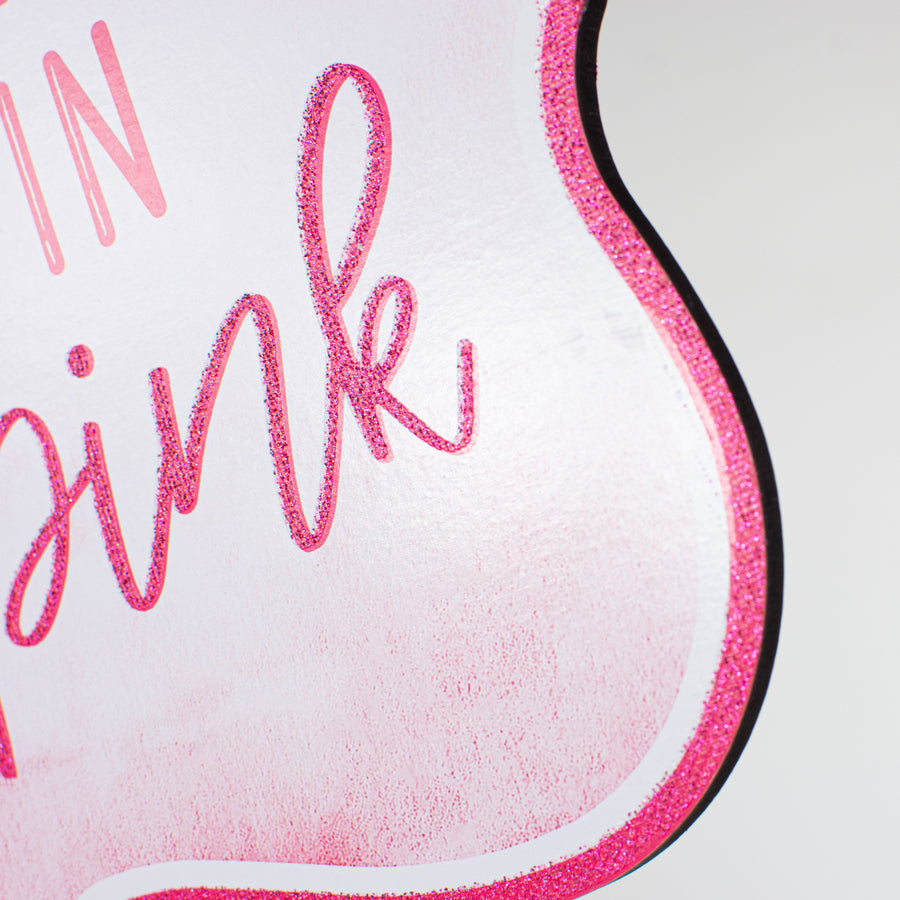 10" Scalloped Wooden Sign: Pink Glitter Flamingo detail photo 3
