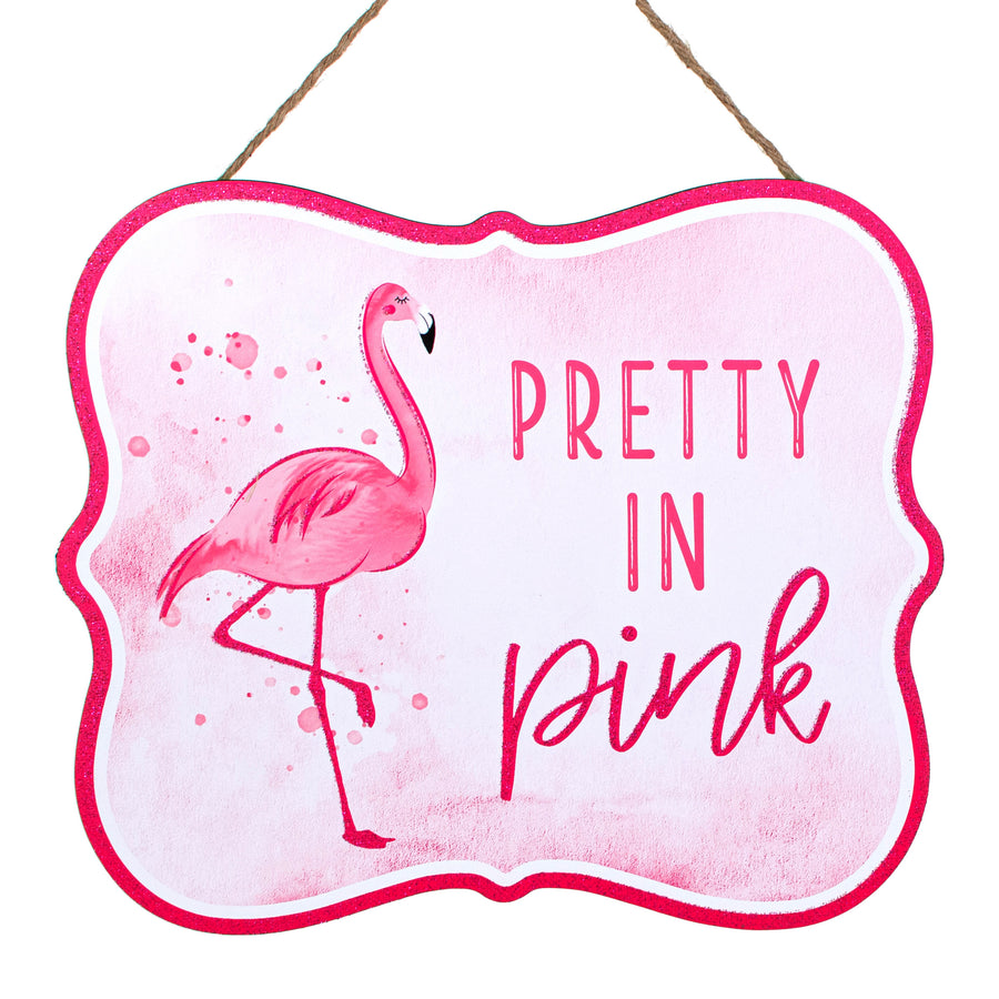 10" Scalloped Wooden Sign: Pink Glitter Flamingo Item Number: AP8889