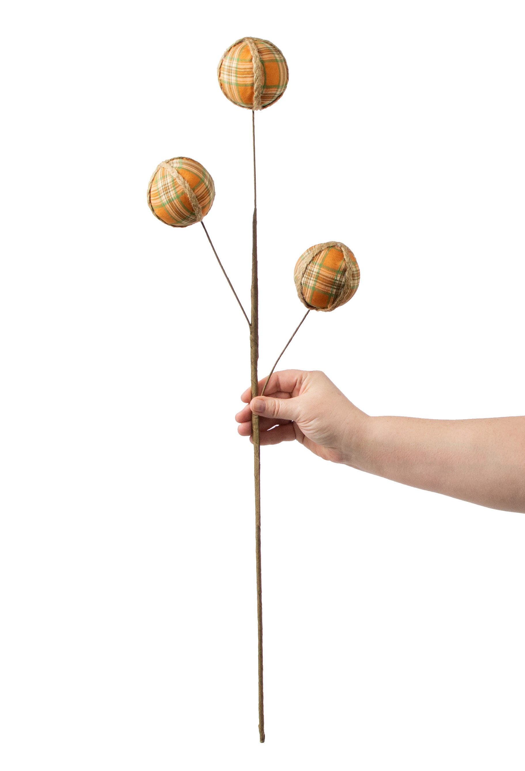 30" Scarecrow Plaid Ball Jute Trim Spray: Orange, Brown, Cream, Green detail photo 3