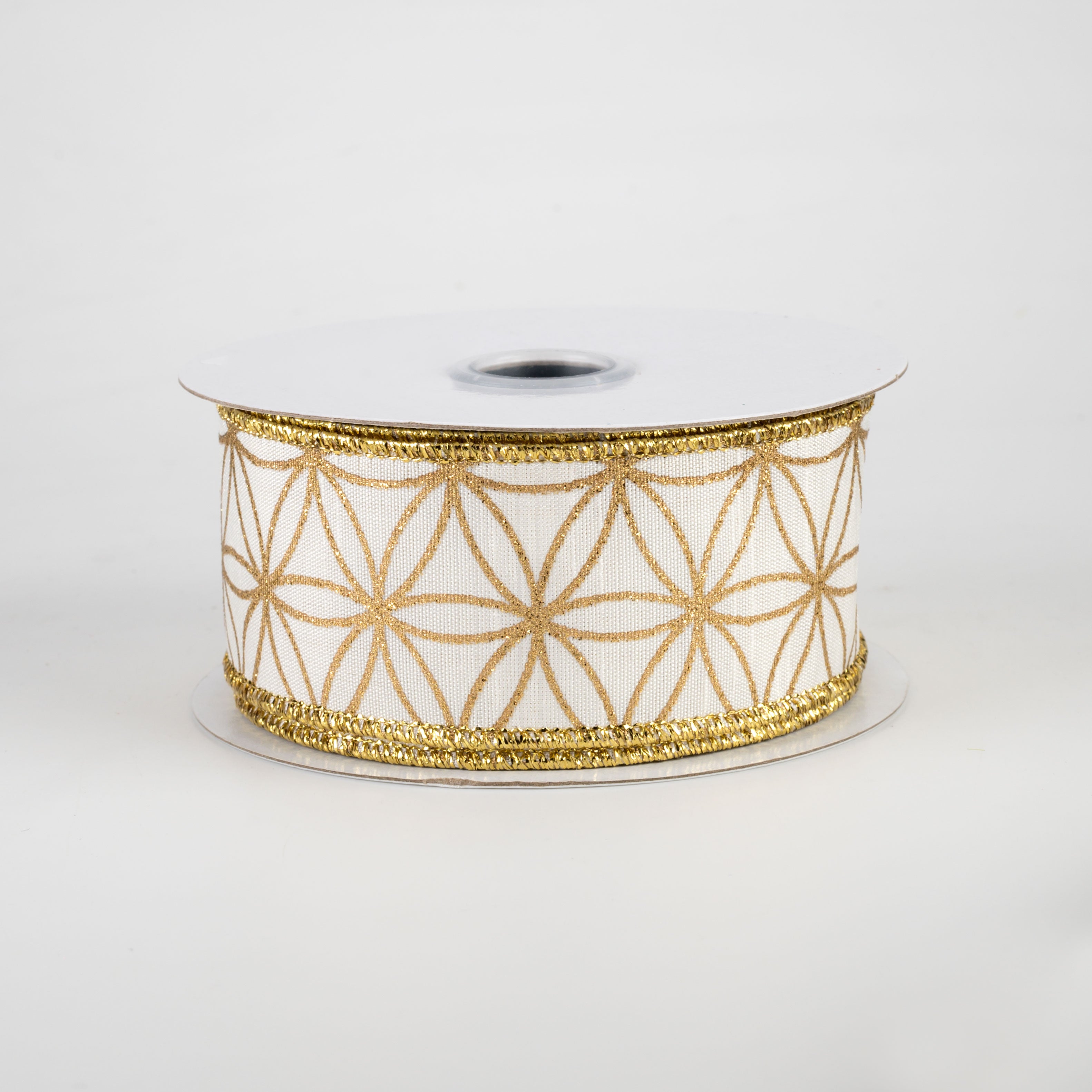 1.5" Seamless Stars Dupioni Ribbon: Ivory & Gold (10 Yards)