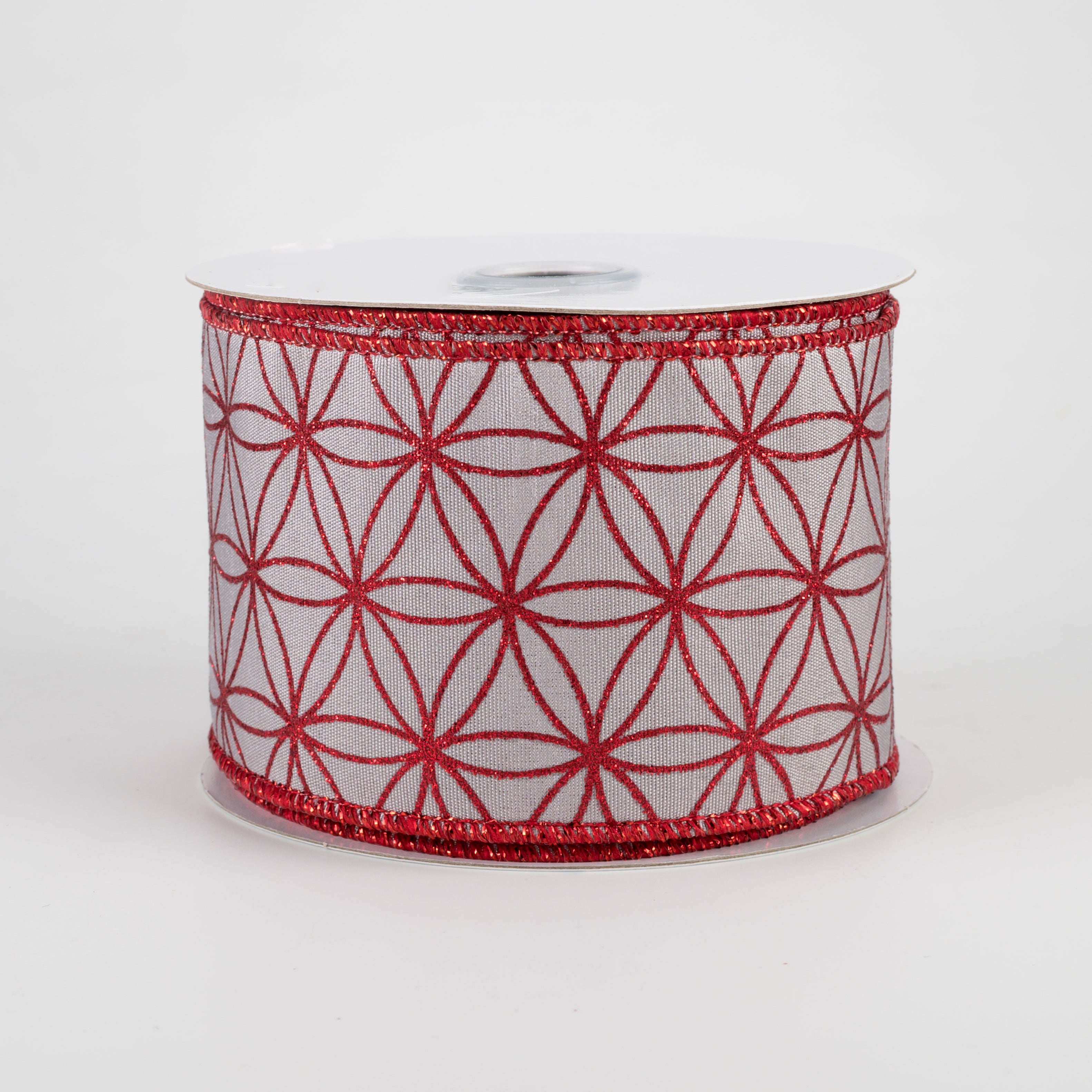 2.5" Seamless Stars Dupioni Ribbon: Silver Grey & Red (10 Yards)