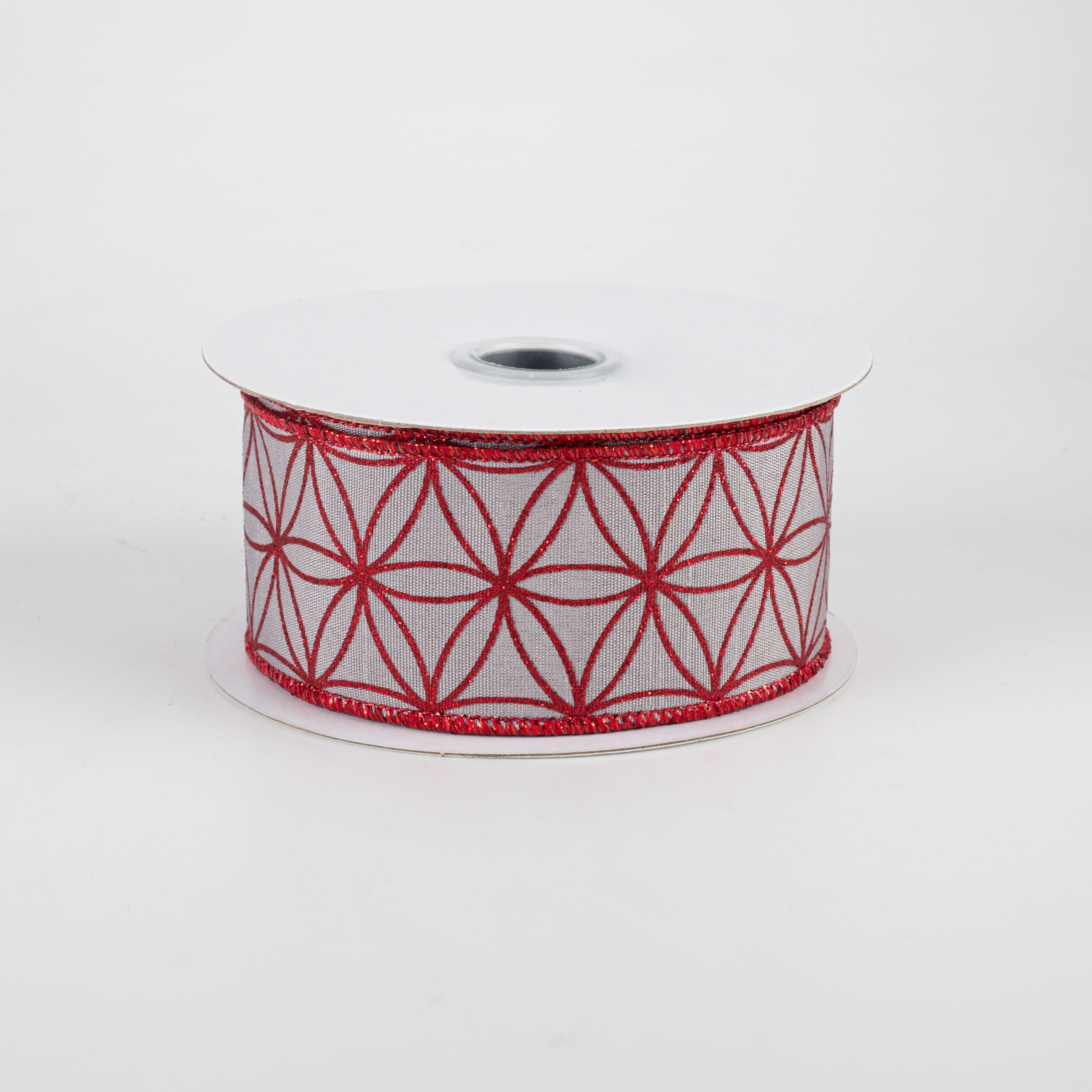 1.5" Seamless Stars Dupioni Ribbon: Silver Grey & Red (10 Yards)