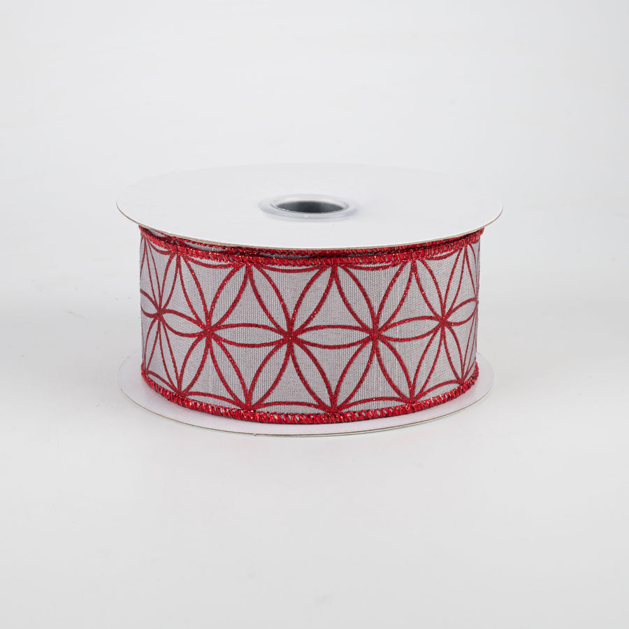 1.5" Seamless Stars Dupioni Ribbon: Silver Grey & Red (10 Yards)