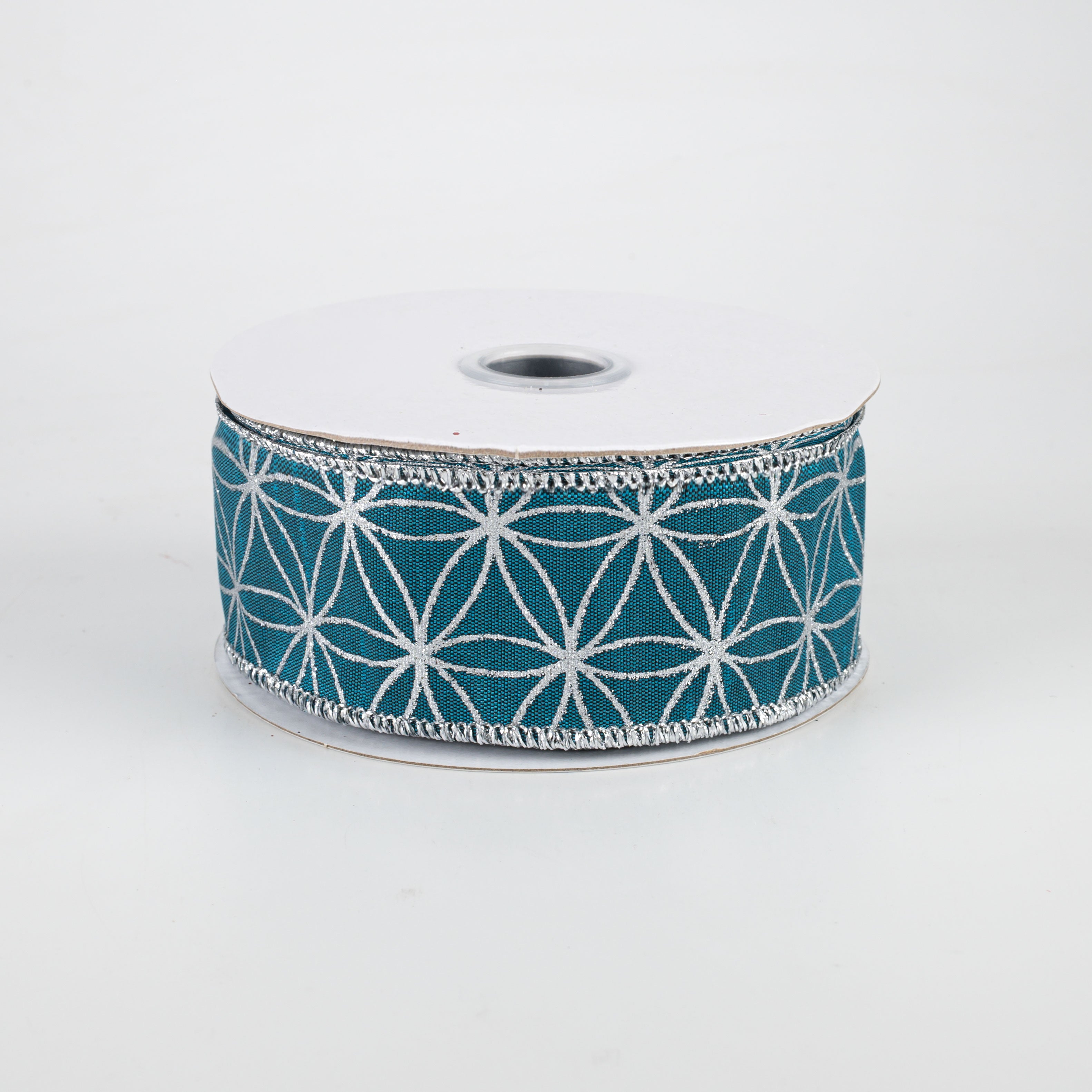 1.5" Seamless Stars Dupioni Ribbon: Teal & Silver (10 Yards)