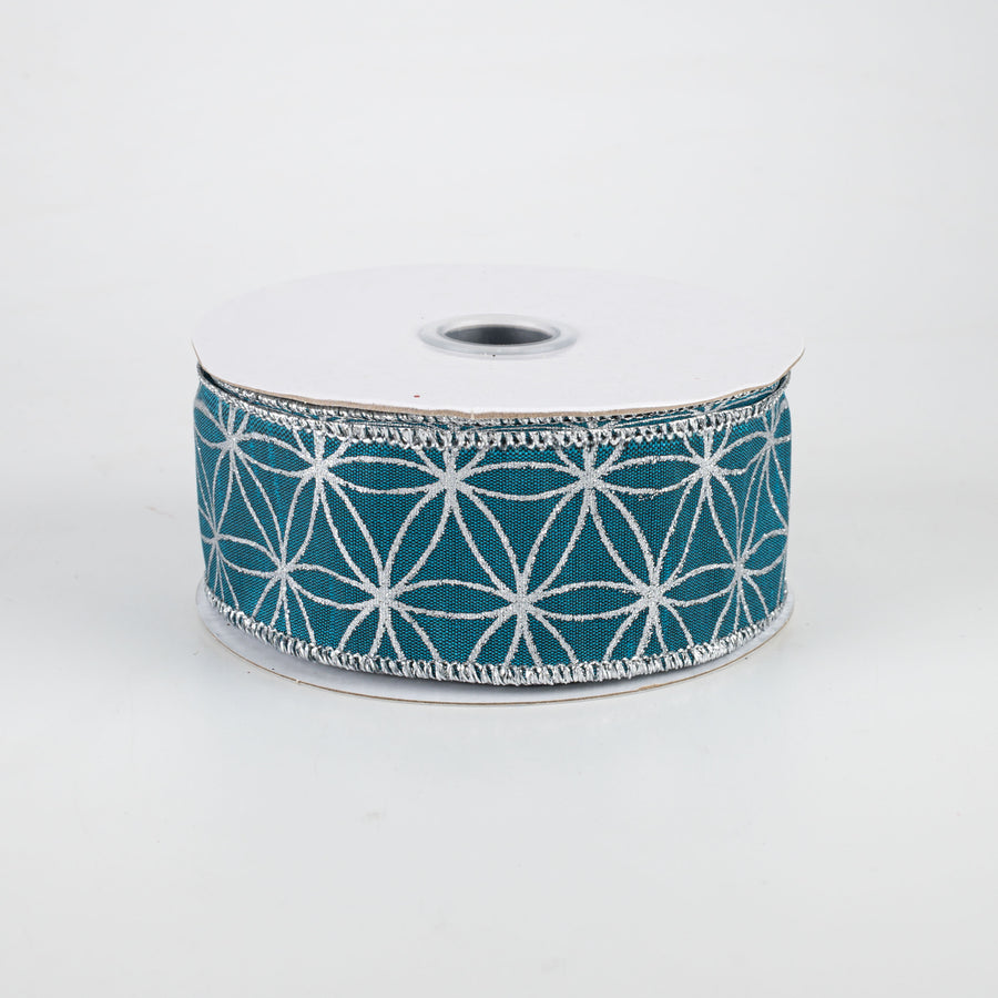 1.5" Seamless Stars Dupioni Ribbon: Teal & Silver (10 Yards)