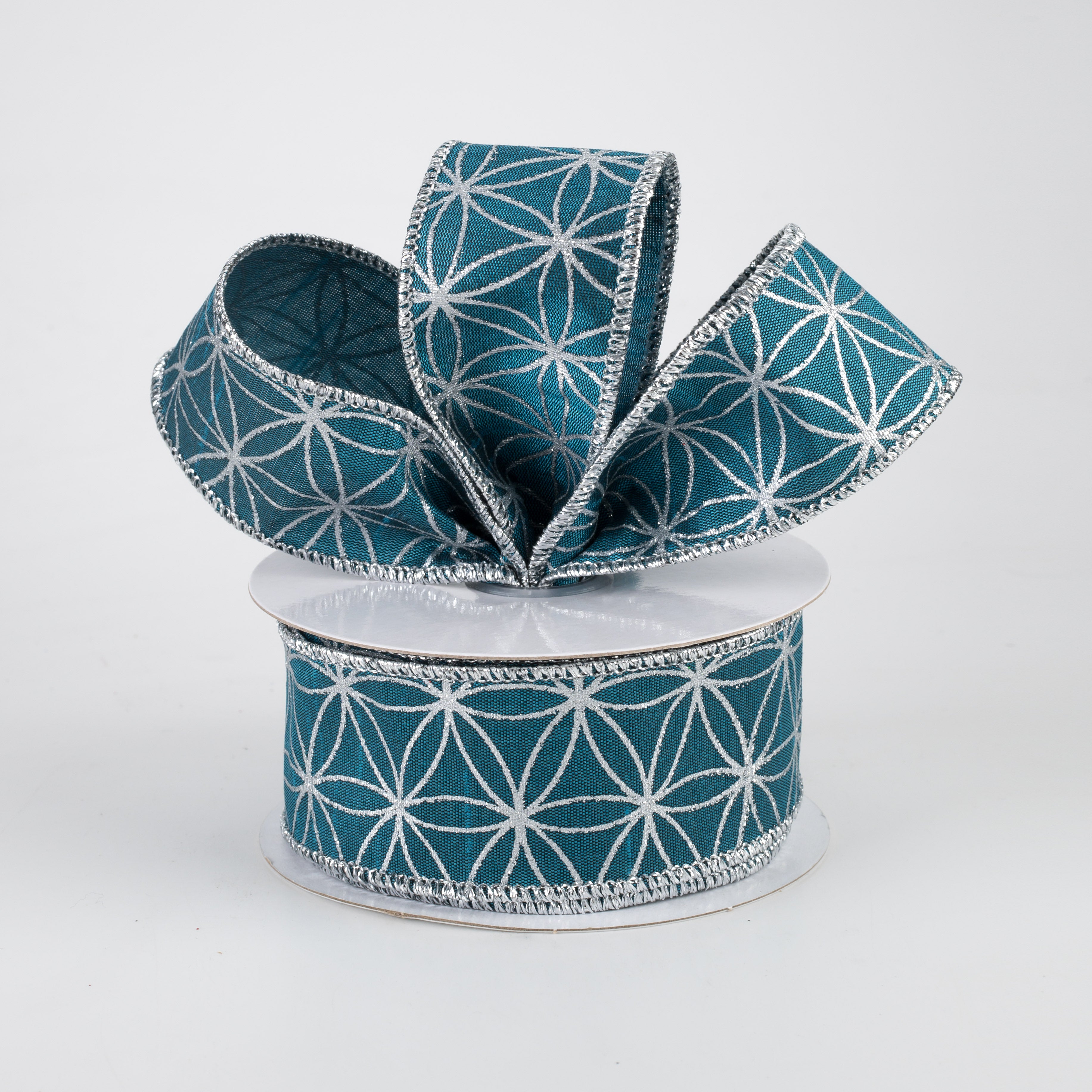 1.5" Seamless Stars Dupioni Ribbon: Teal & Silver (10 Yards) Lifestyle Photo