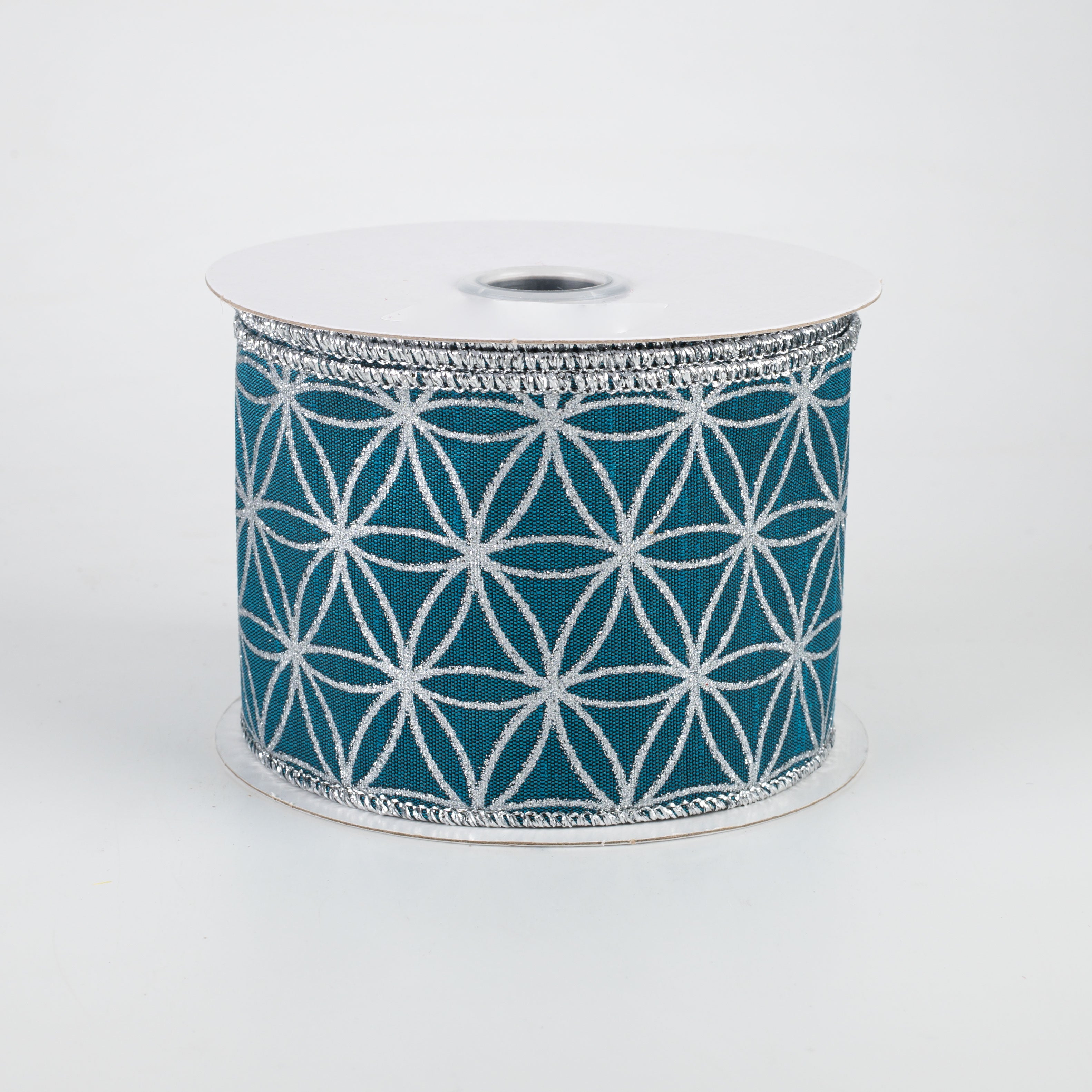 2.5" Seamless Stars Dupioni Ribbon: Teal & Silver (10 Yards)