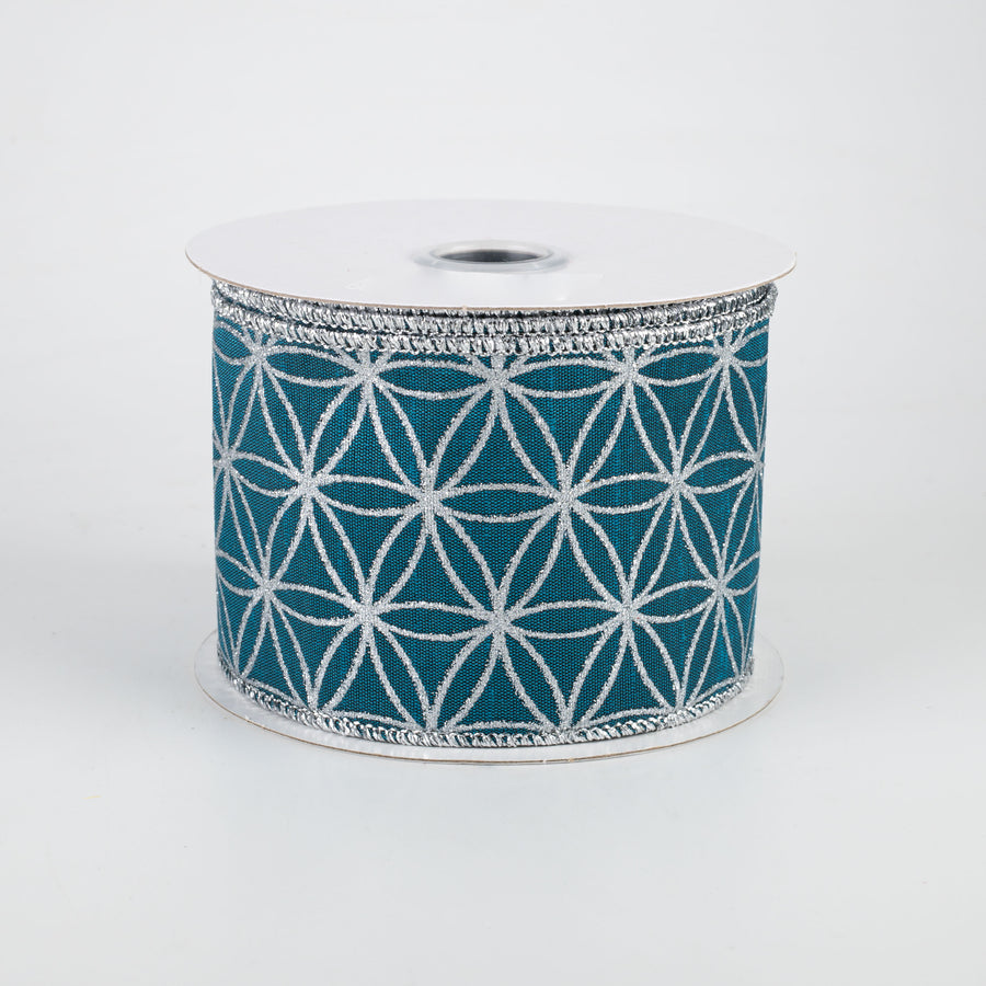 2.5" Seamless Stars Dupioni Ribbon: Teal & Silver (10 Yards)
