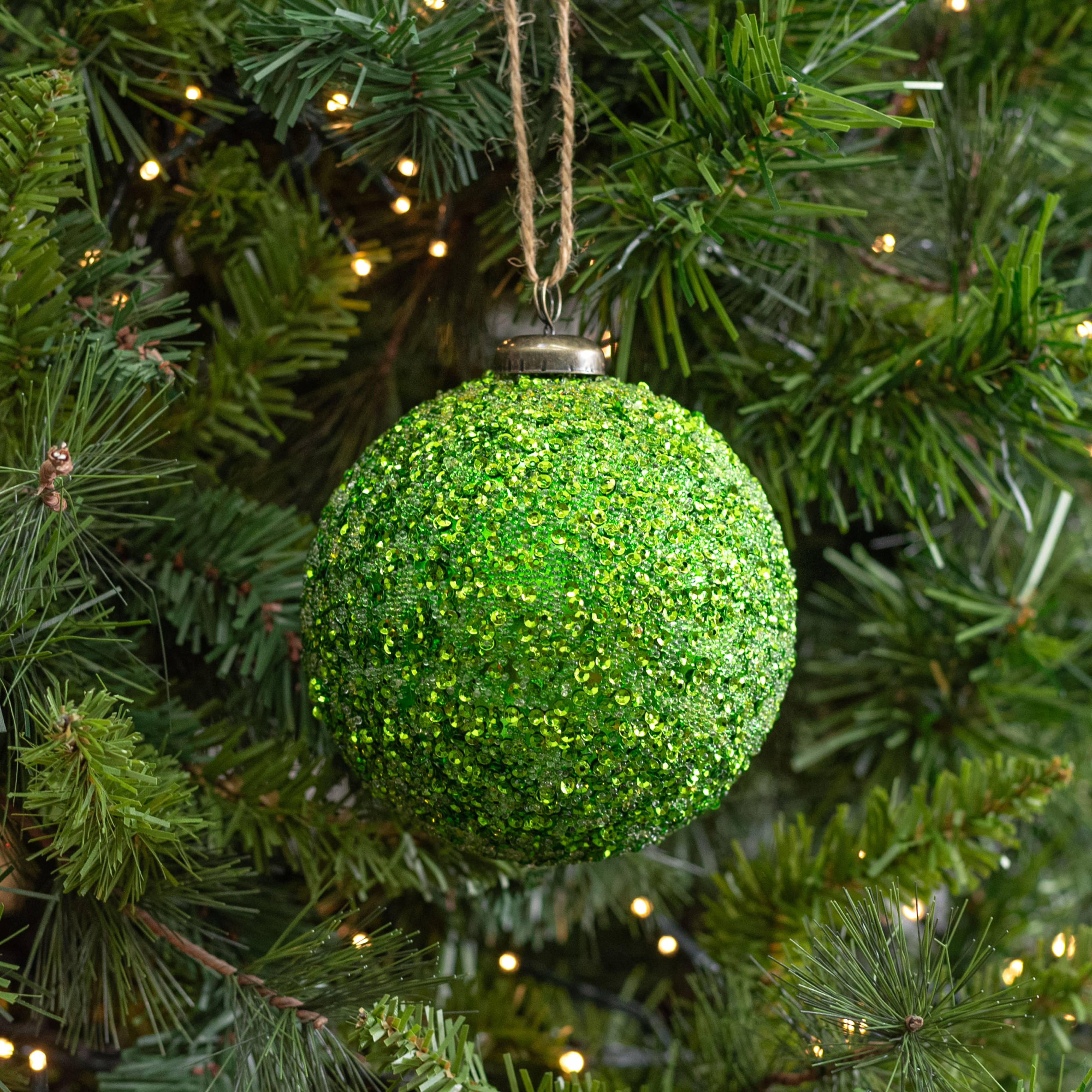 4" Sequin Iced Ball Ornament: Green Lifestyle Photo