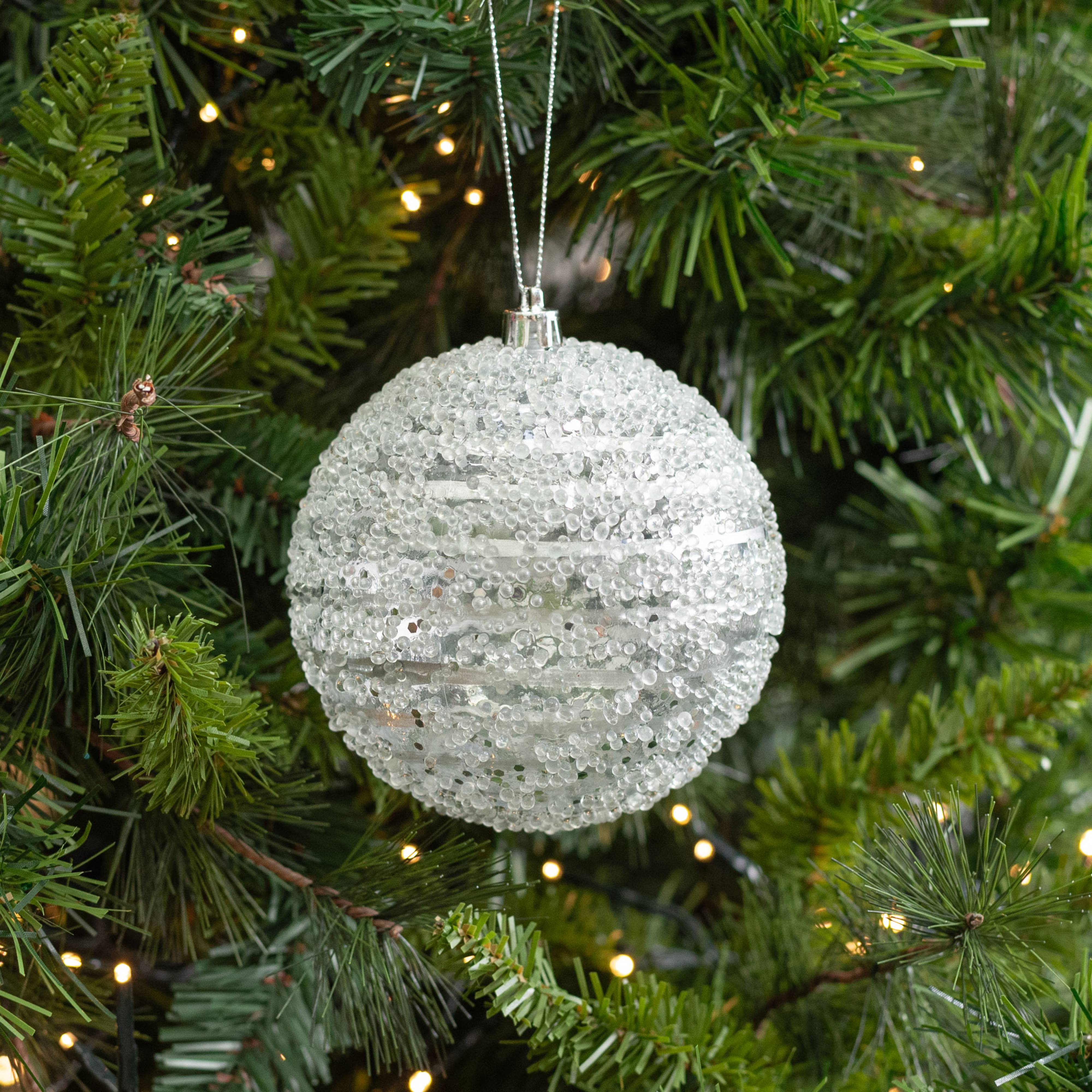 4" Sequin Iced Ball Ornament: Silver Lifestyle Photo
