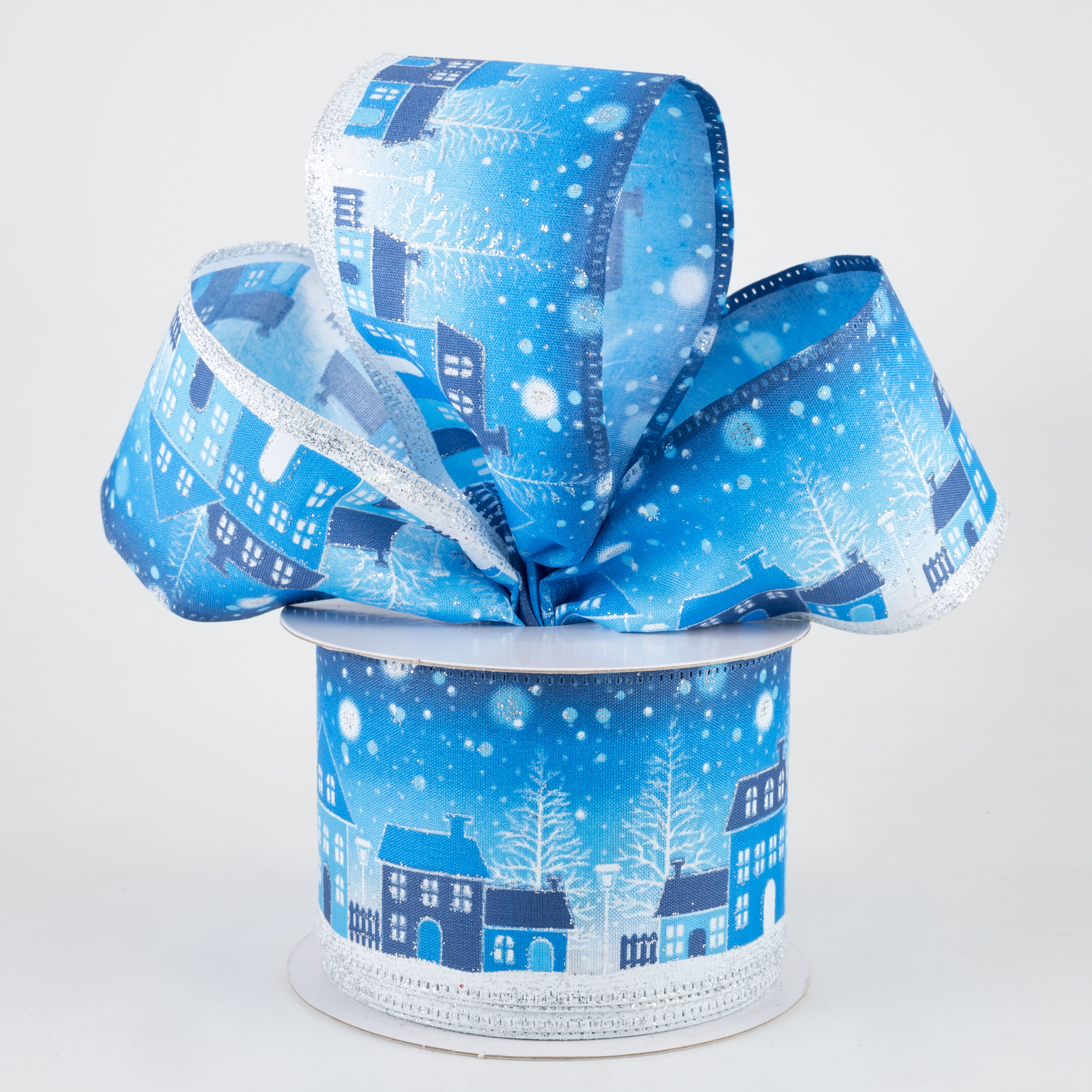 2.5" Shades of Blue Snowy Night Ribbon (10 Yards) Lifestyle Photo