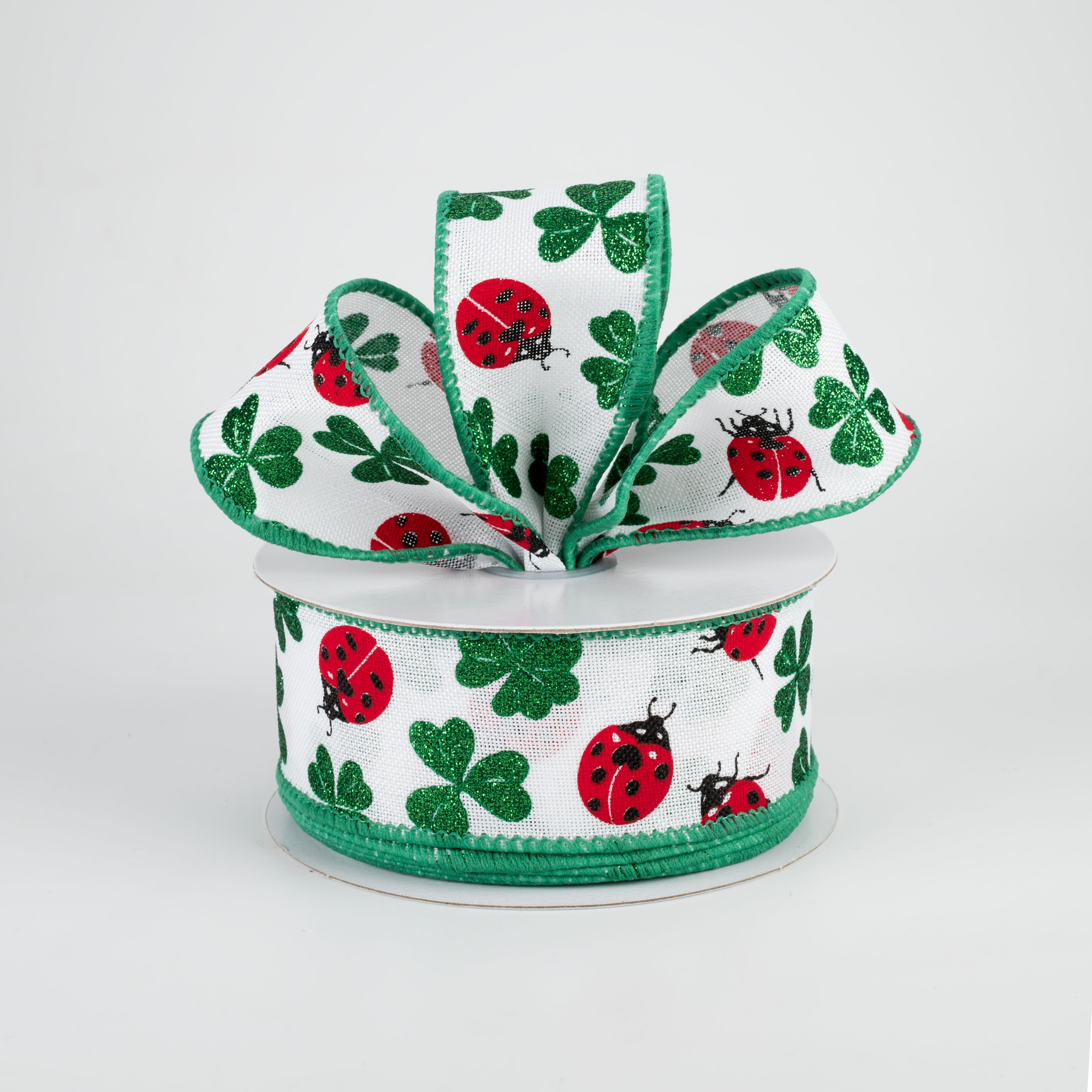 1.5" Shamrocks & Ladybugs Ribbon: White (10 Yards) Lifestyle Photo