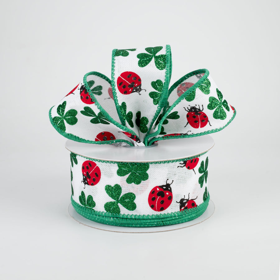 1.5" Shamrocks & Ladybugs Ribbon: White (10 Yards) Lifestyle Photo