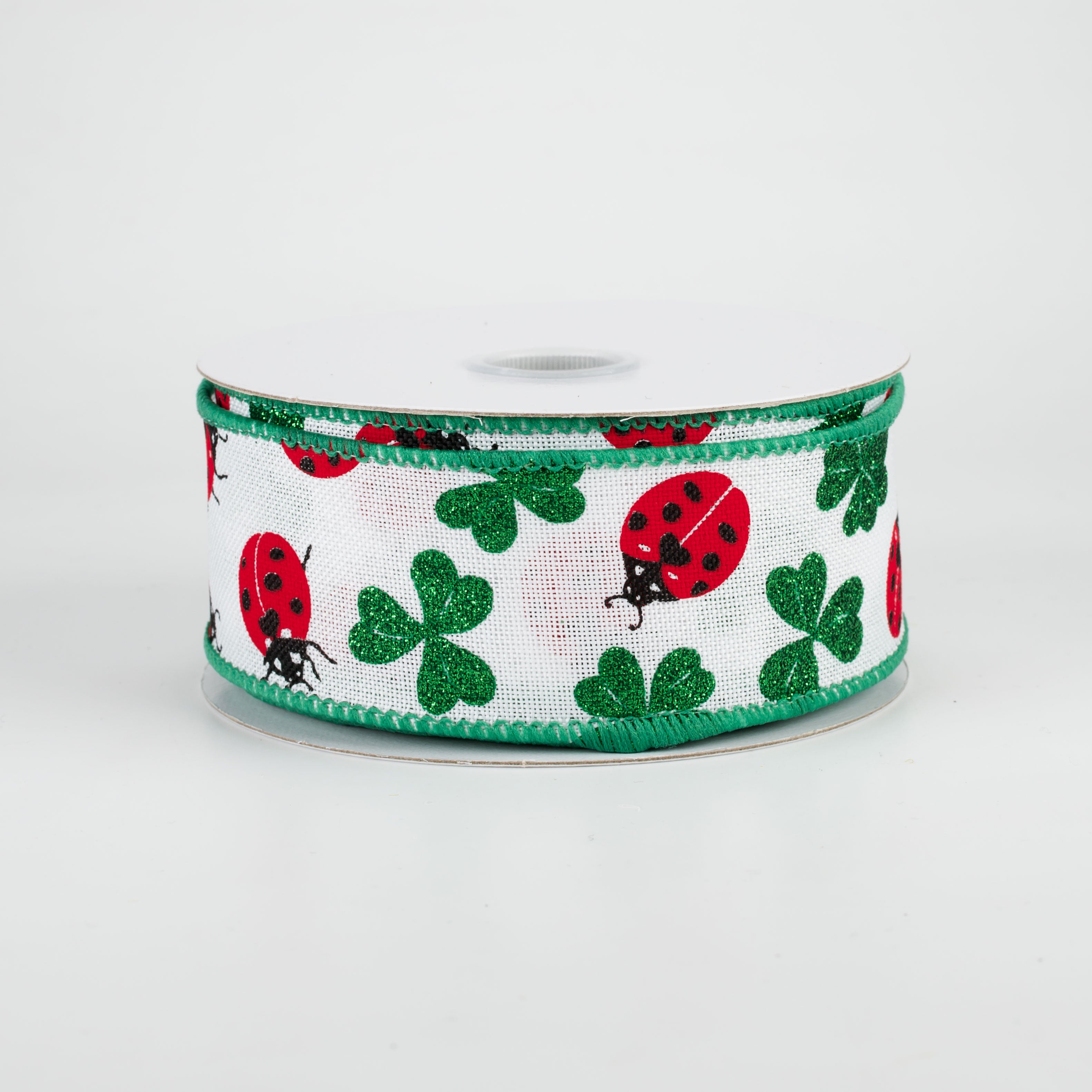 1.5" Shamrocks & Ladybugs Ribbon: White (10 Yards)