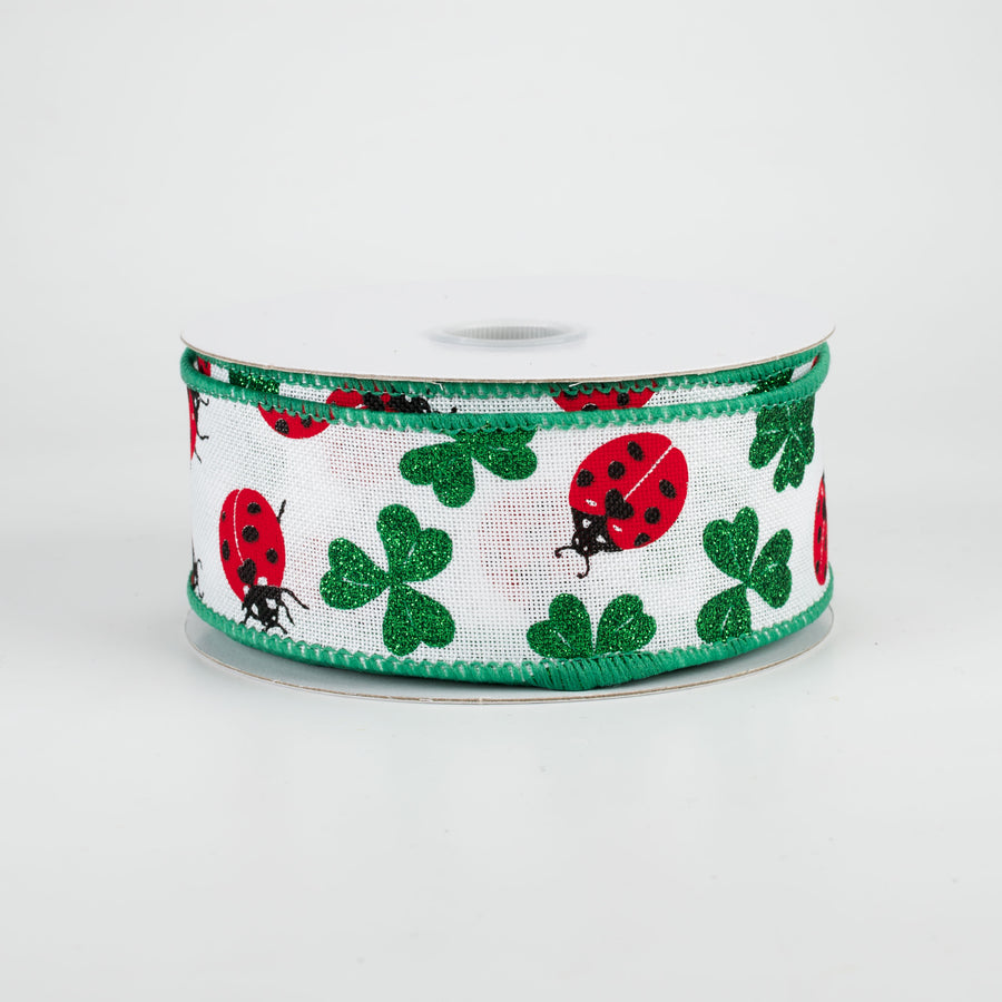 1.5" Shamrocks & Ladybugs Ribbon: White (10 Yards)