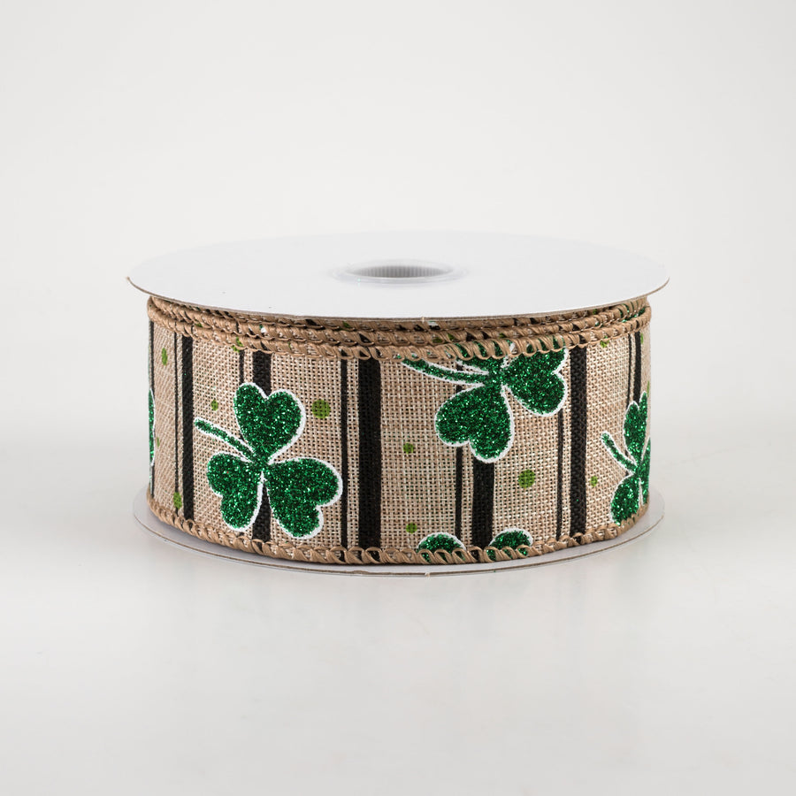 1.5" Shamrocks & Stripes Ribbon: Natural & Black (10 Yards) Item Number: 21212-09-15