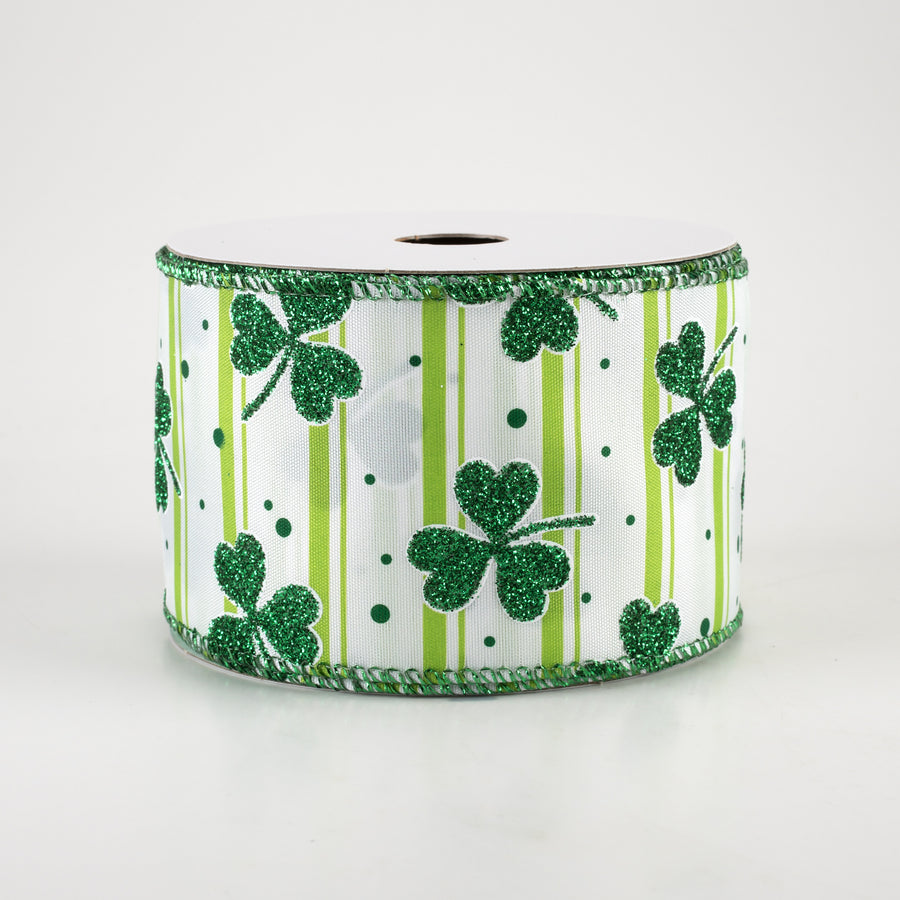 2.5" Shamrocks & Stripes Ribbon: White & Green (10 Yards)