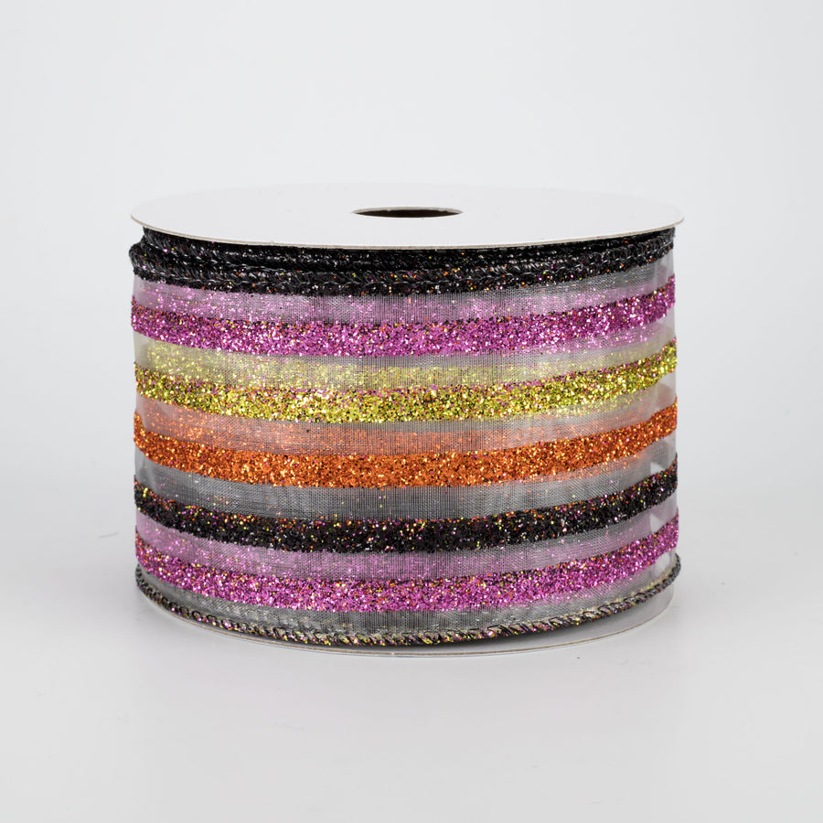 2.5" Sheer Glitter Halloween Stripes: Lime, Orange, Black, Purple (10 yards)
