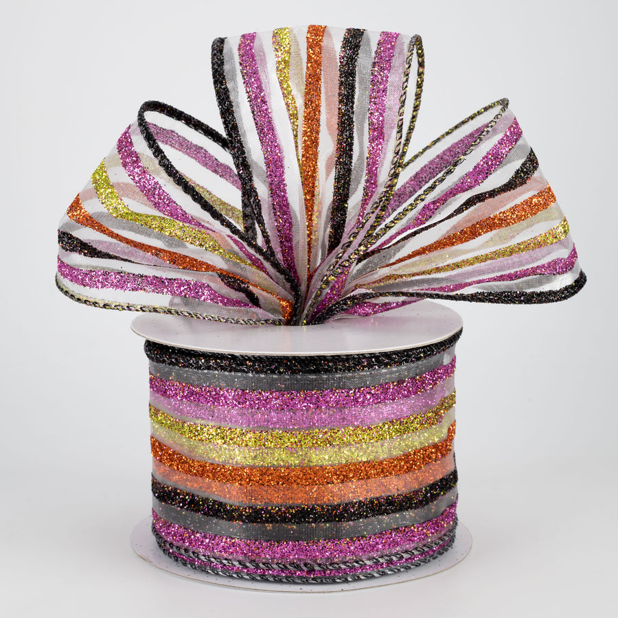2.5" Sheer Glitter Halloween Stripes: Lime, Orange, Black, Purple (10 yards) Lifestyle Photo