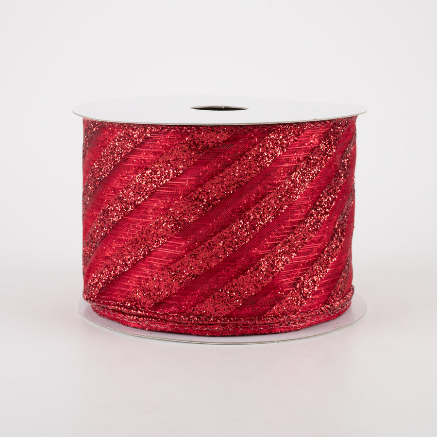2.5" Sheer & Metallic Red Candy Cane Stripe Ribbon (10 Yards) Item Number: 71106-40-12