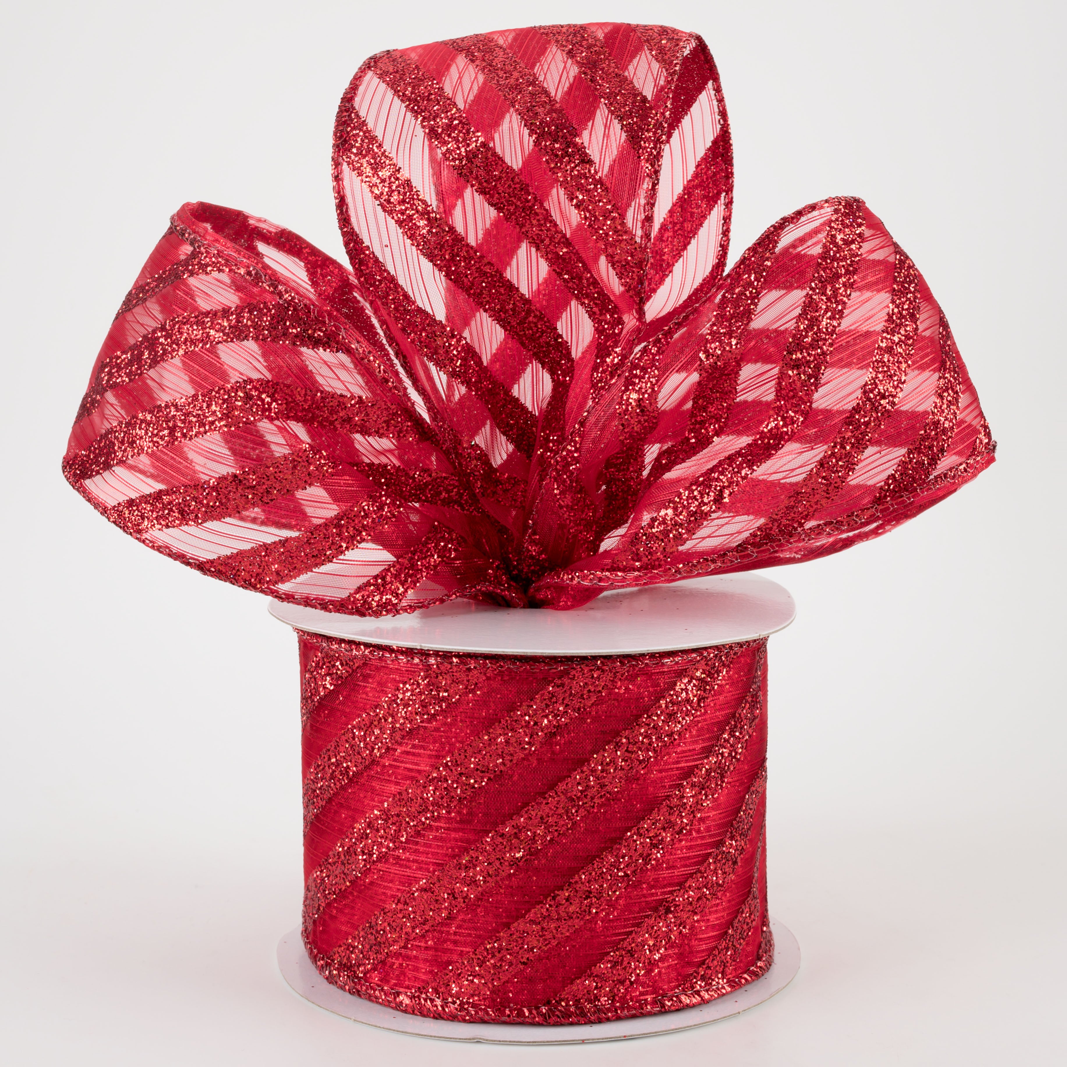 2.5" Sheer & Metallic Red Candy Cane Stripe Ribbon (10 Yards) Lifestyle Photo