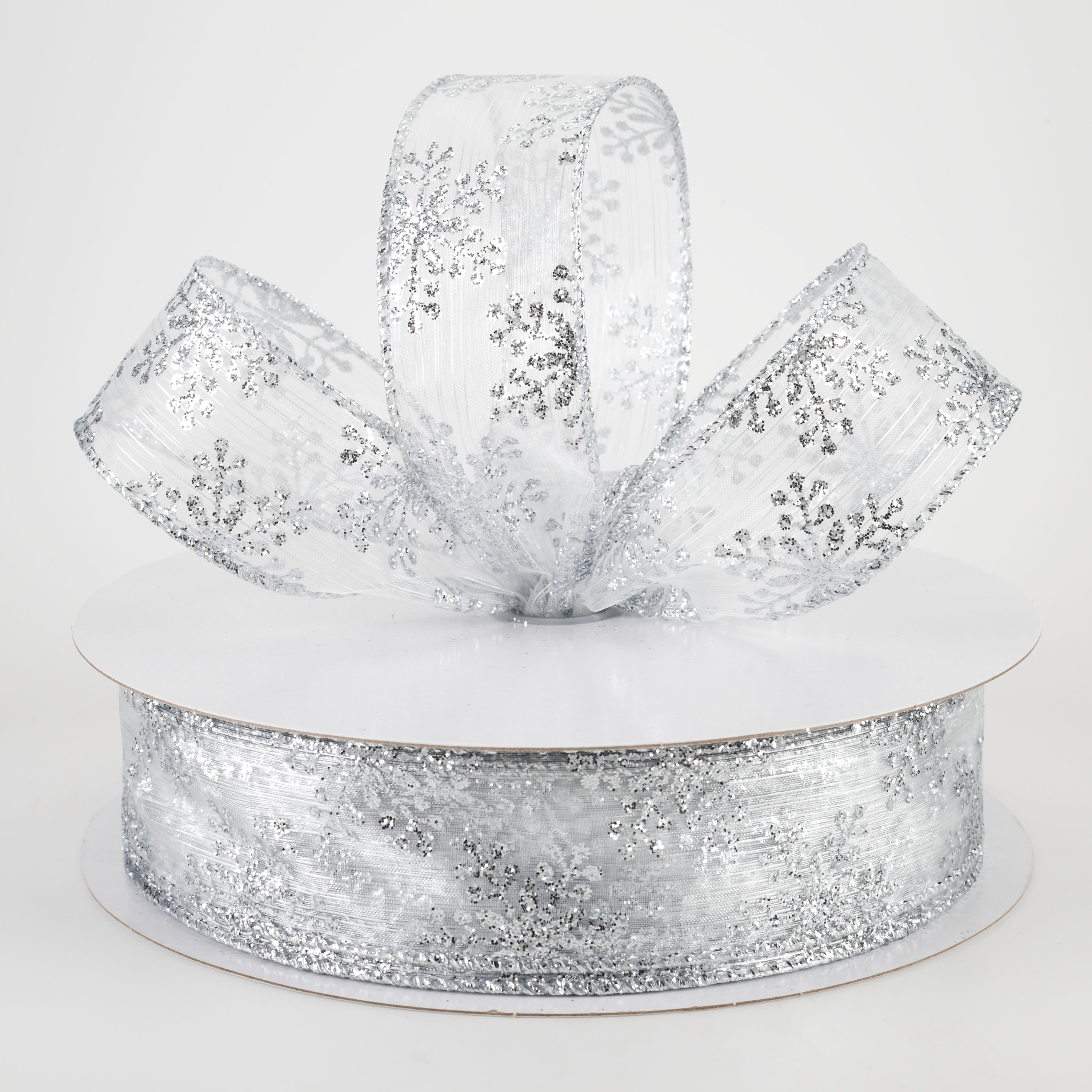 1.5" Sheer Metallic Snowflake Ribbon: Silver (50 Yards) Lifestyle Photo