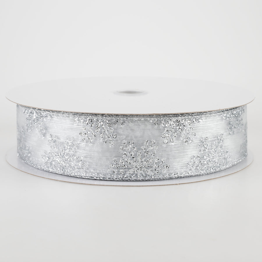 1.5" Sheer Metallic Snowflake Ribbon: Silver (50 Yards)