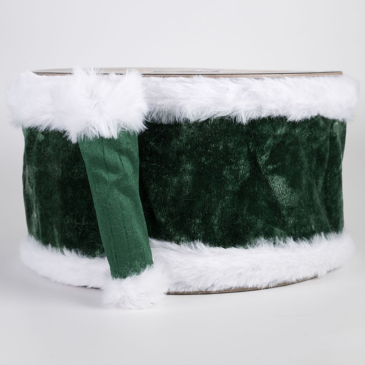 4" Sheldon Velvet Ribbon with Faux Fur Piping & Fused Dupioni Back: Emerald Green & White (10 Yards) Item Number: RR0008