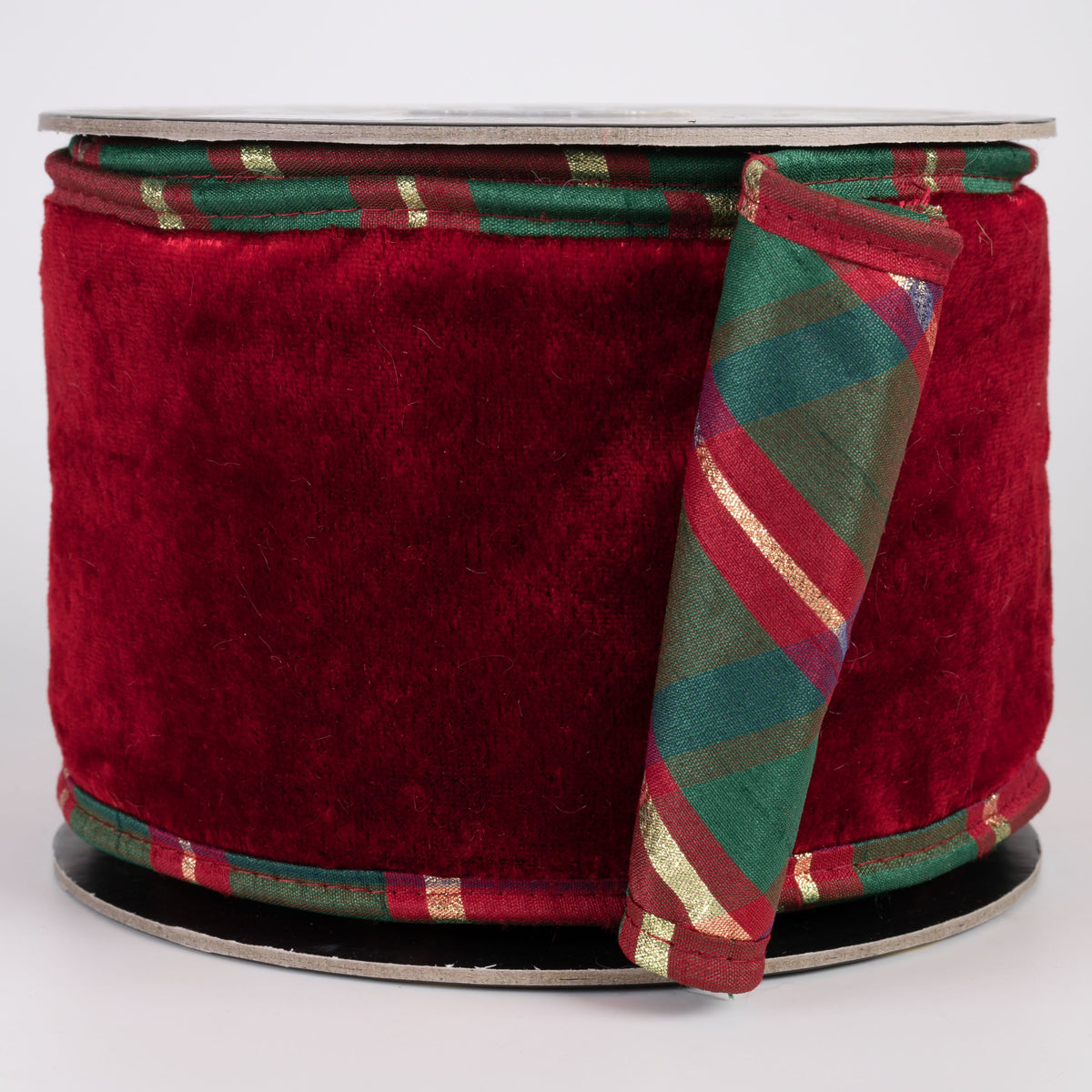 4" Sheldon Velvet Ribbon with Fused Dupioni Plaid Back: Red, Green & Gold (10 Yards) Item Number: RR0028