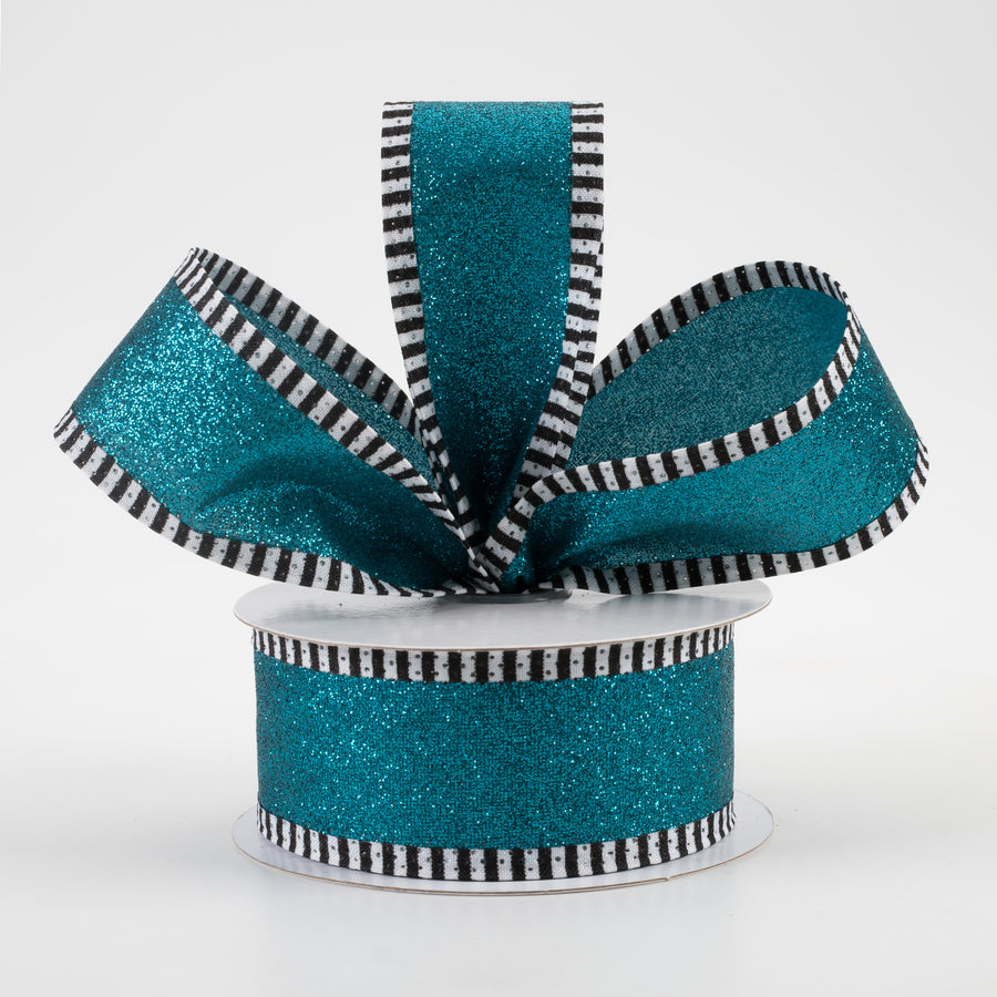 1.5" Shimmer Glitter Stripe Edge Ribbon: Teal, Black, White (10 Yards) Lifestyle Photo