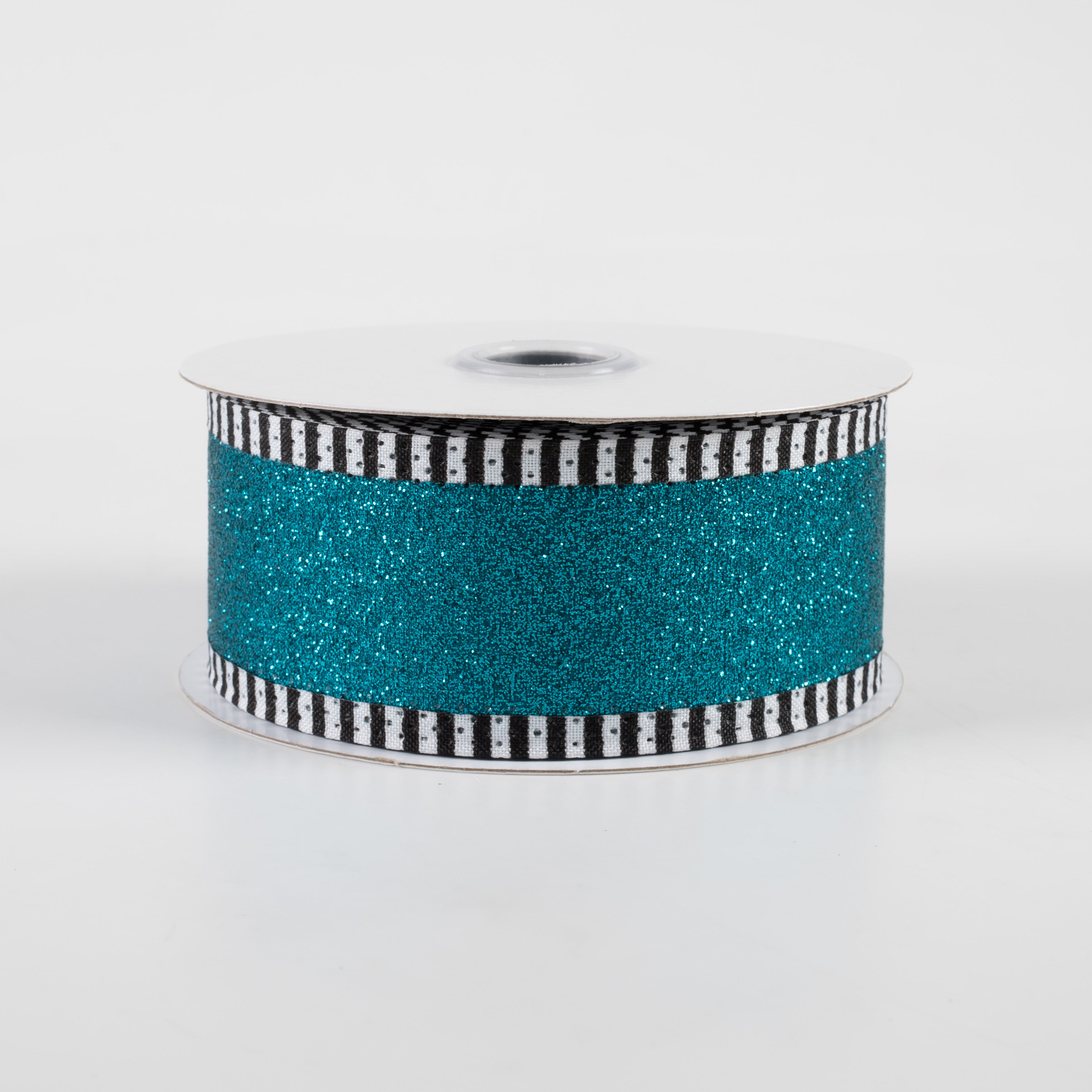 1.5" Shimmer Glitter Stripe Edge Ribbon: Teal, Black, White (10 Yards)