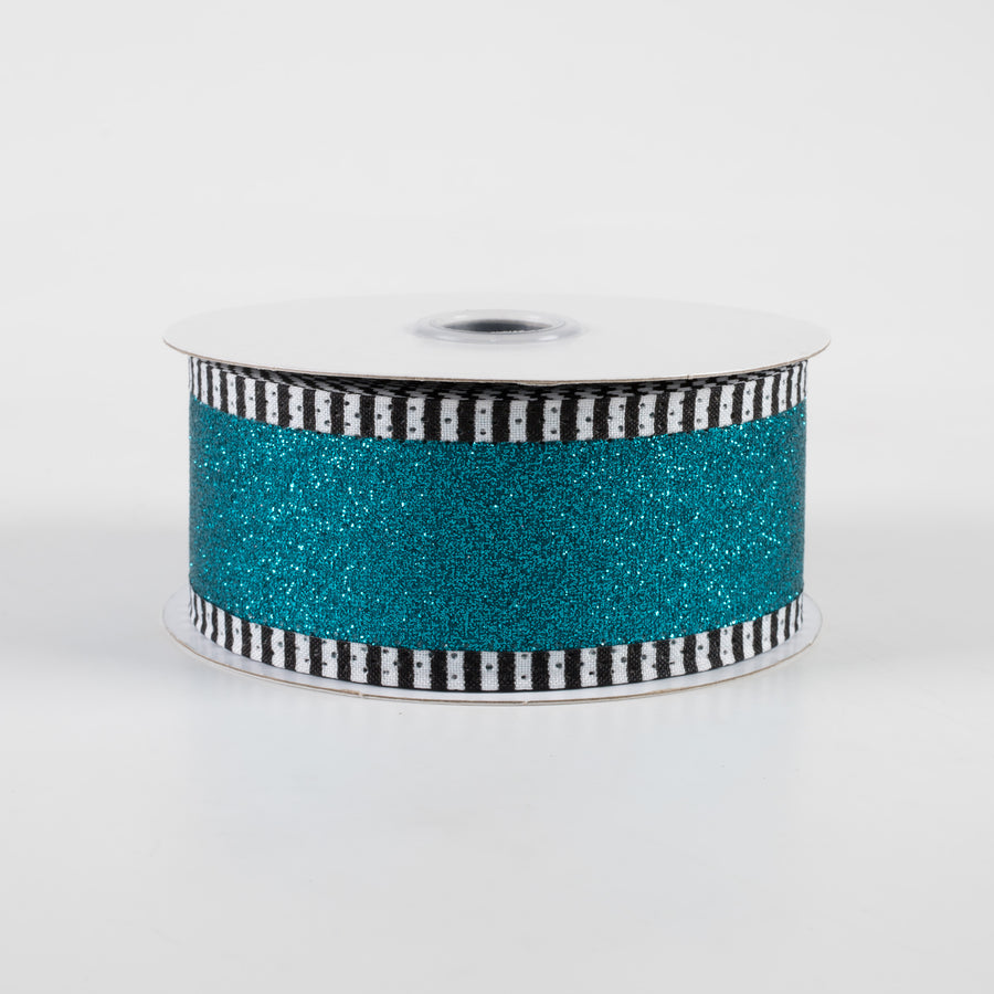 1.5" Shimmer Glitter Stripe Edge Ribbon: Teal, Black, White (10 Yards)
