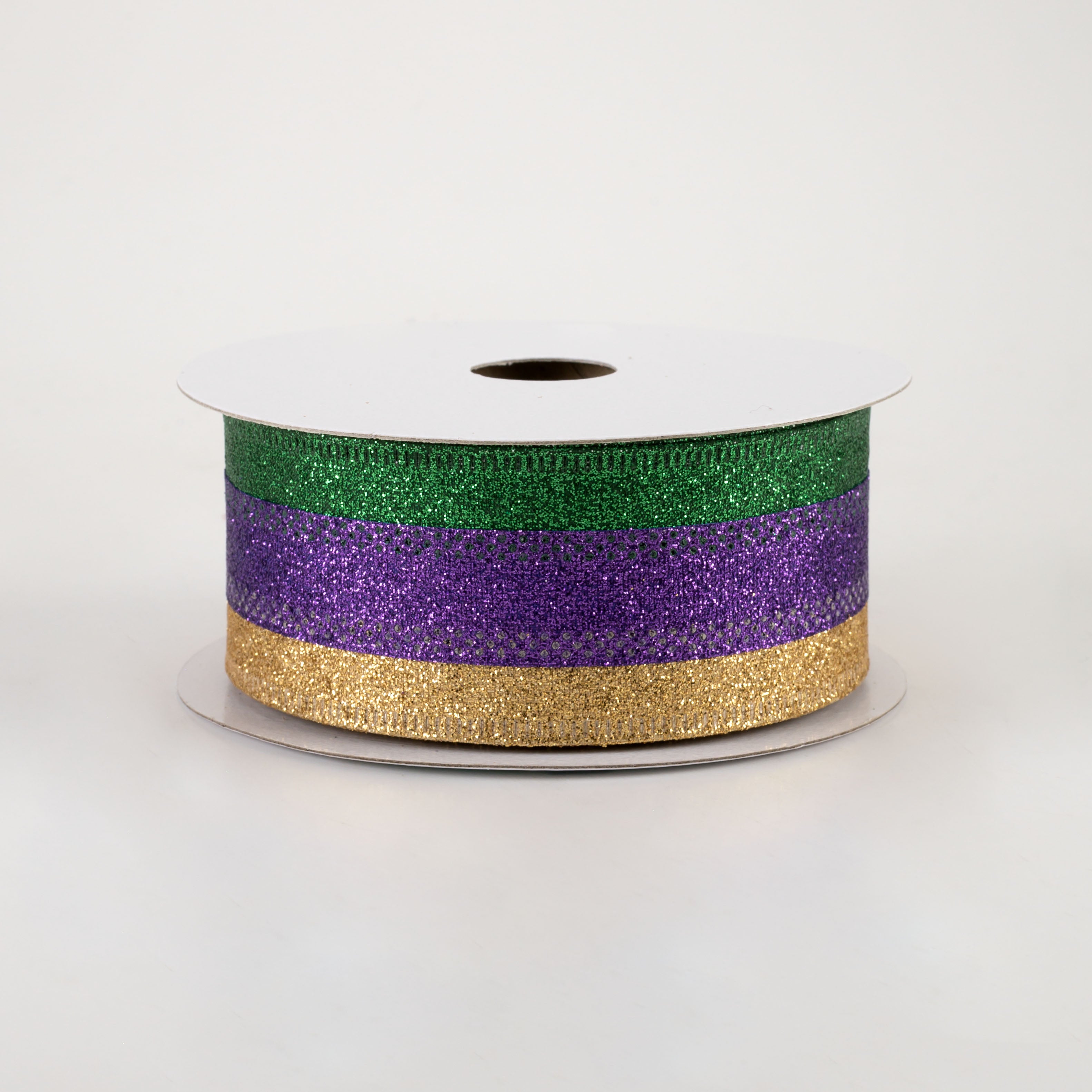 1.5" Shimmer Glitter Stripe Ribbon: Gold, Purple, Emerald (10 Yards)