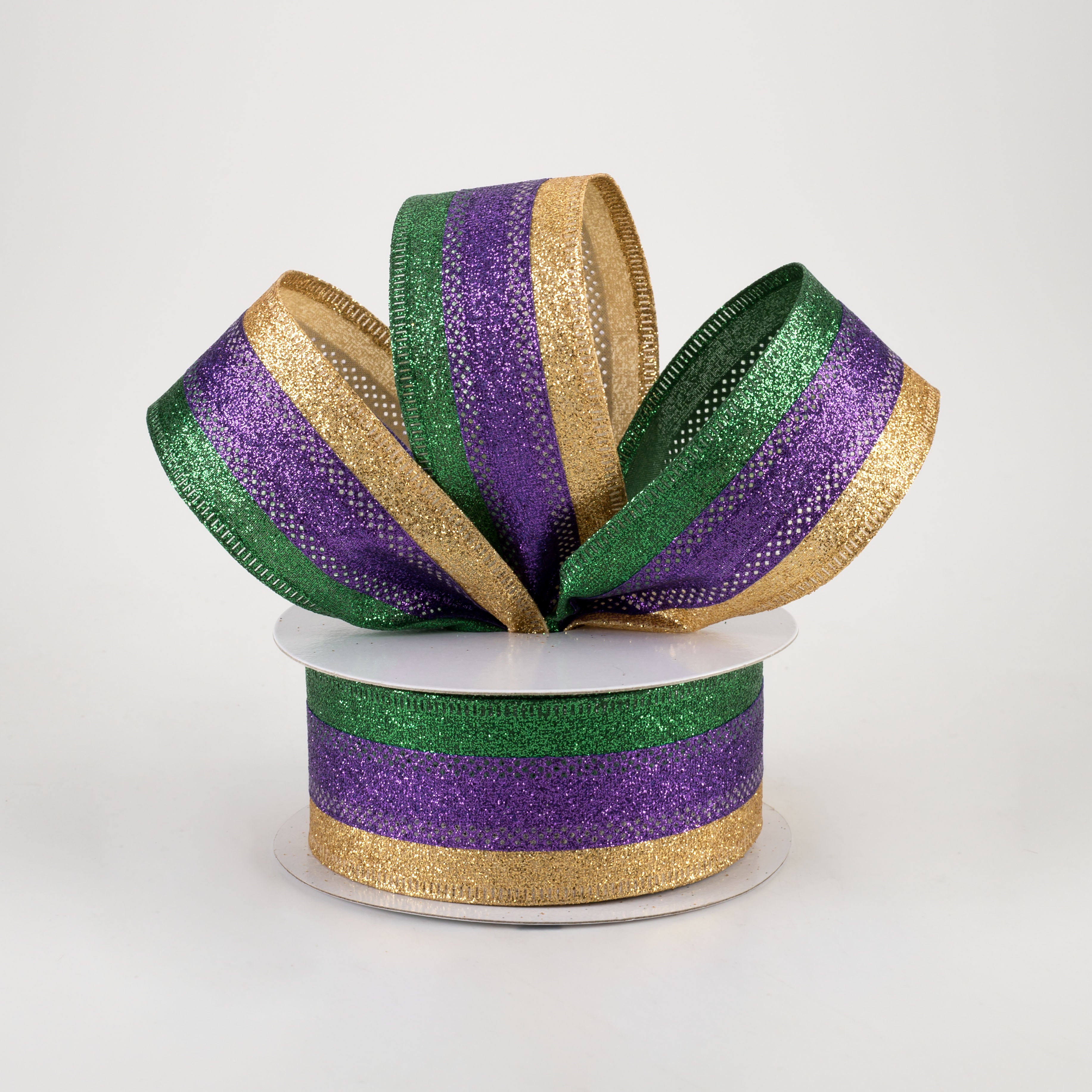 1.5" Shimmer Glitter Stripe Ribbon: Gold, Purple, Emerald (10 Yards) Lifestyle Photo