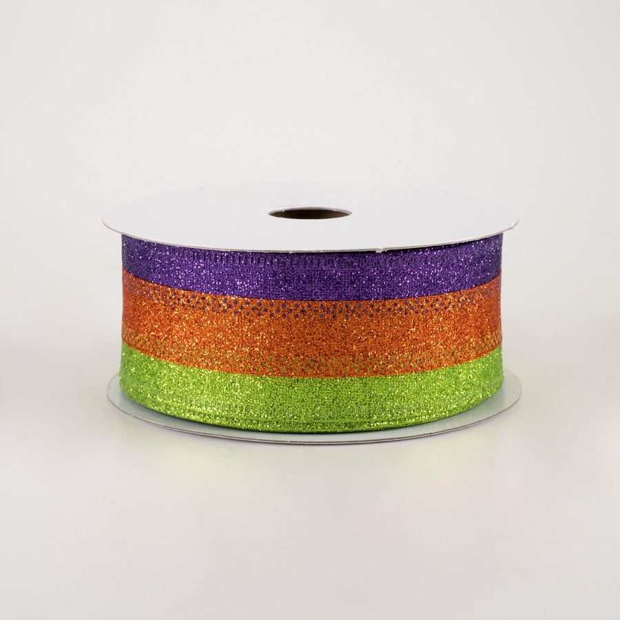 1.5" Shimmer Glitter Stripe Ribbon: Lime, Orange, Purple (10 Yards)