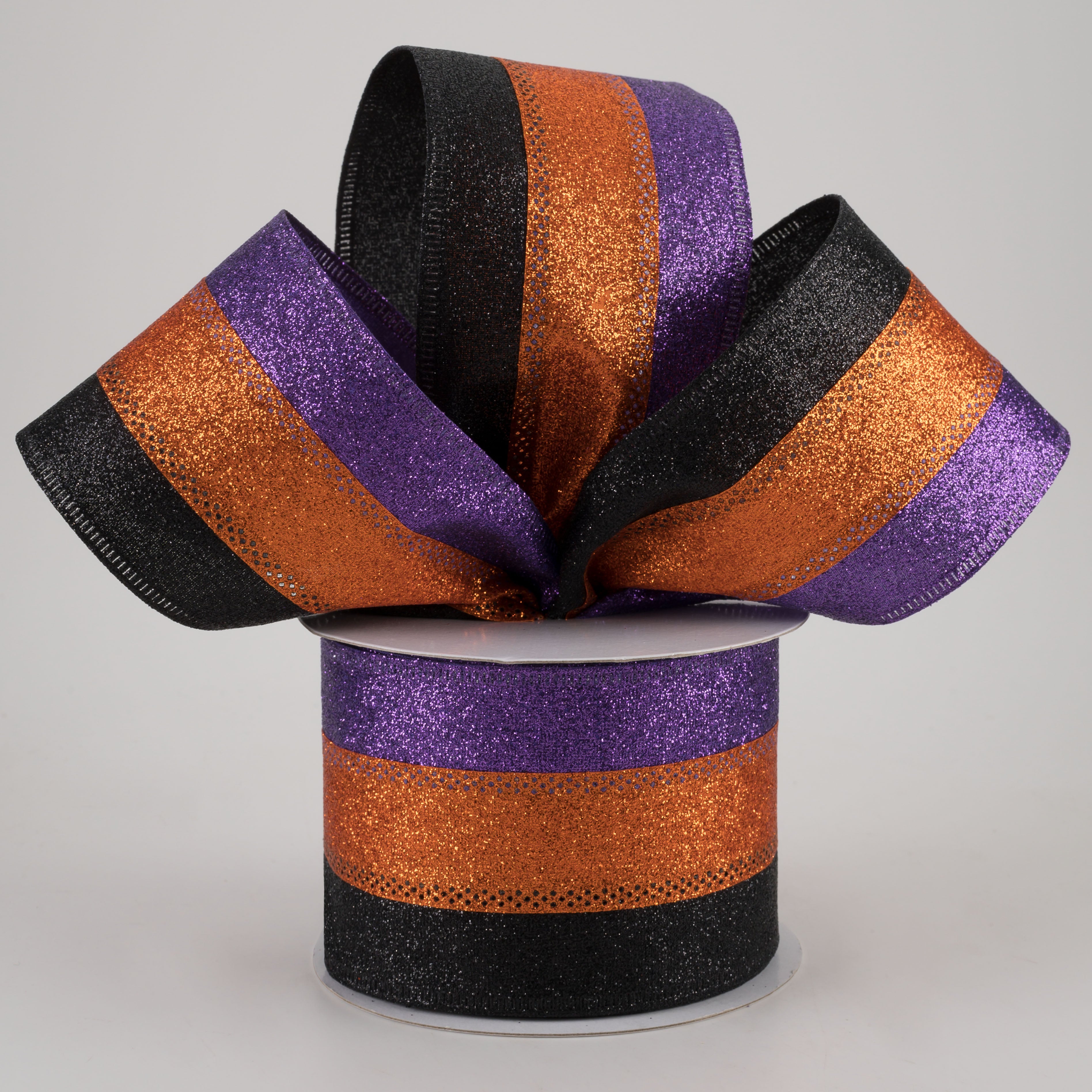 2.5" Shimmer Glitter Stripe Ribbon: Purple, Orange, Black (10 Yards) Lifestyle Photo