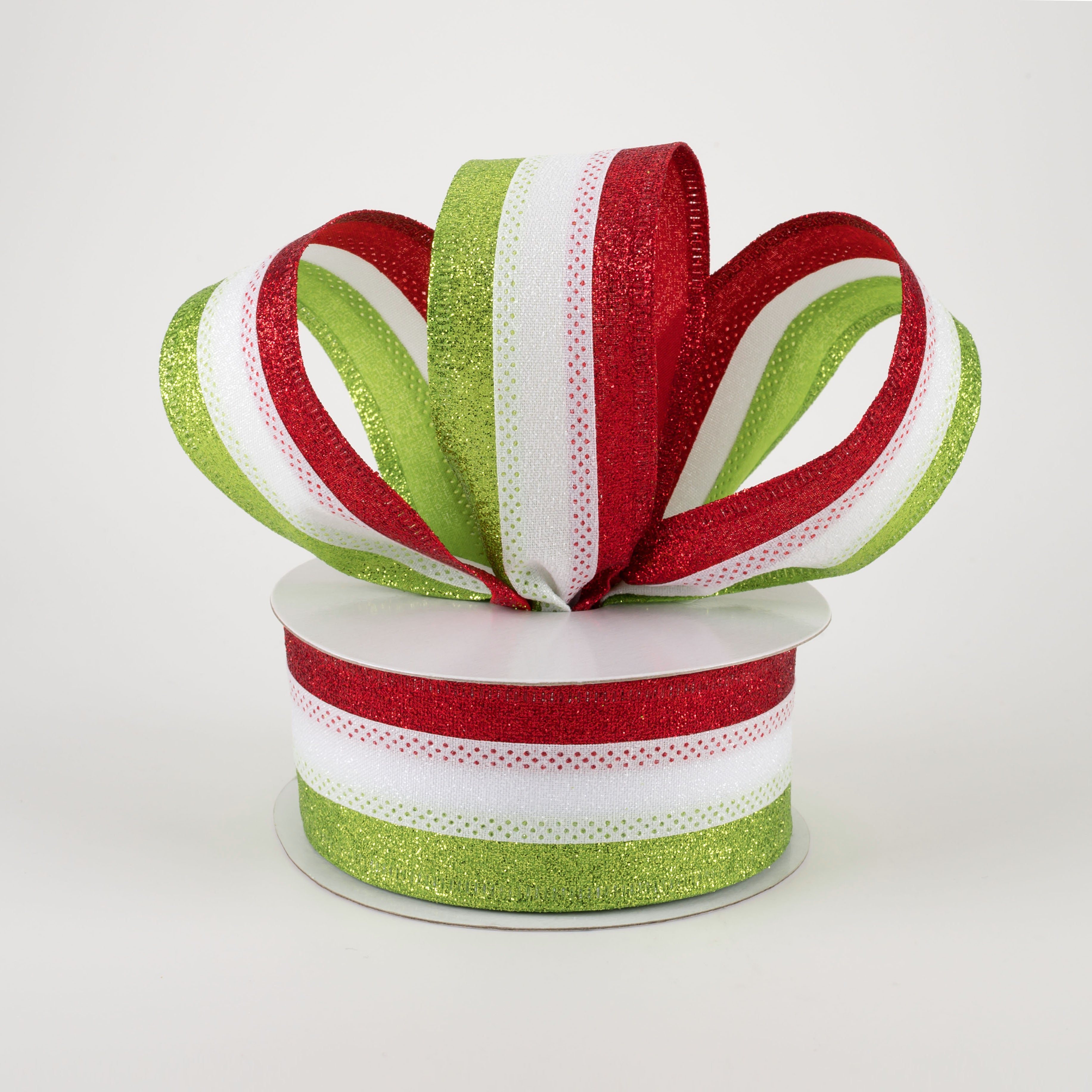 1.5" Shimmer Glitter Stripe Ribbon: Red, White, Lime (10 Yards) Lifestyle Photo