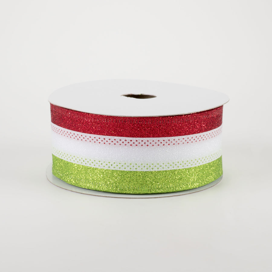 1.5" Shimmer Glitter Stripe Ribbon: Red, White, Lime (10 Yards)
