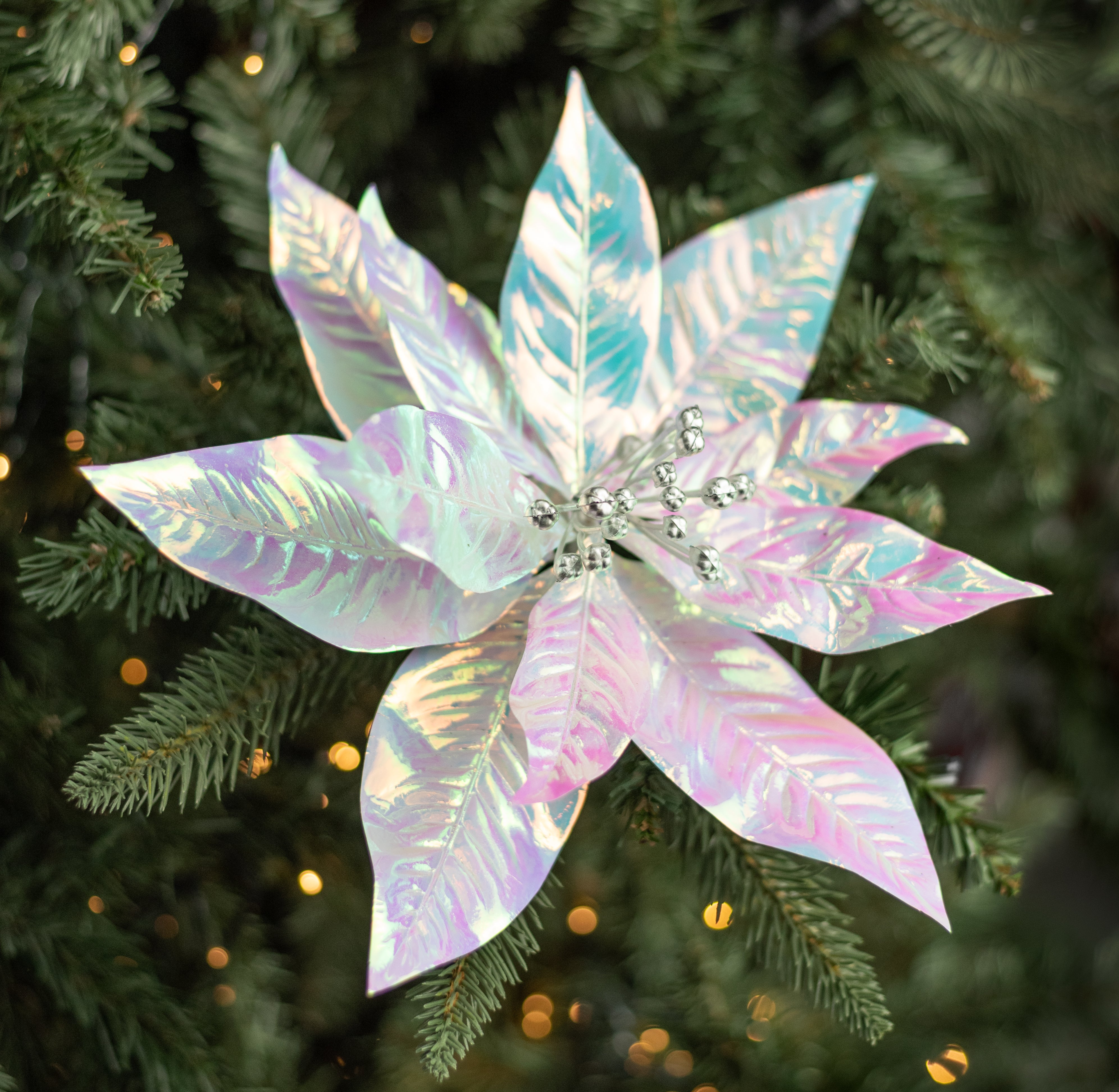 11" Shiny Iridescent Poinsettia with Clip Lifestyle Photo