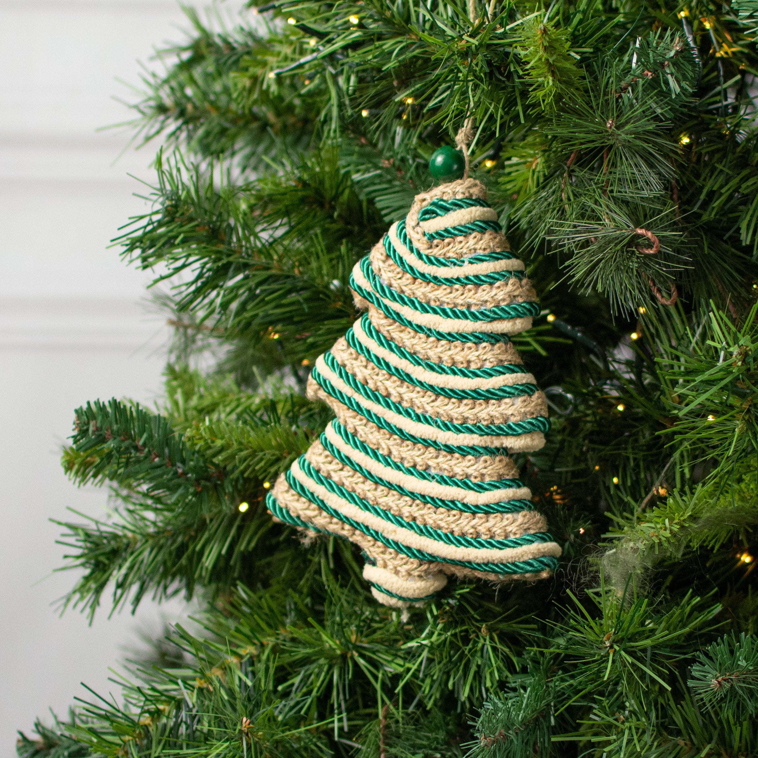 8" Silk Rope & Jute Tree Ornament: Green Lifestyle Photo