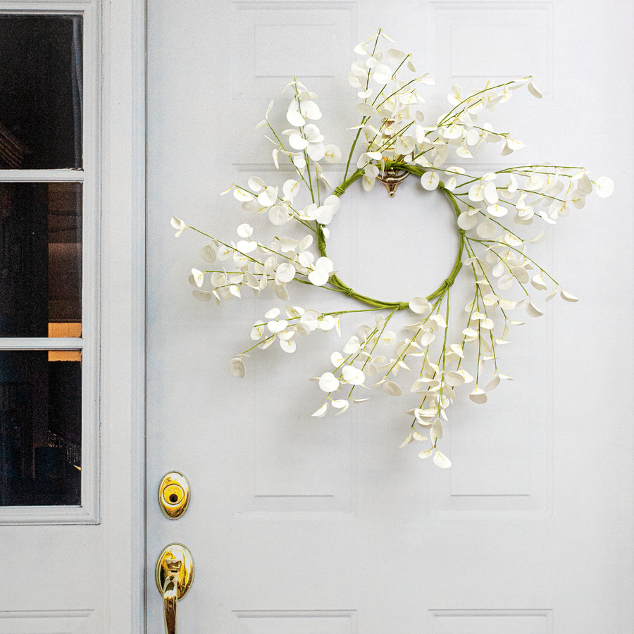 24"  Silver Dollar Eucalyptus Wreath: White Lifestyle Photo
