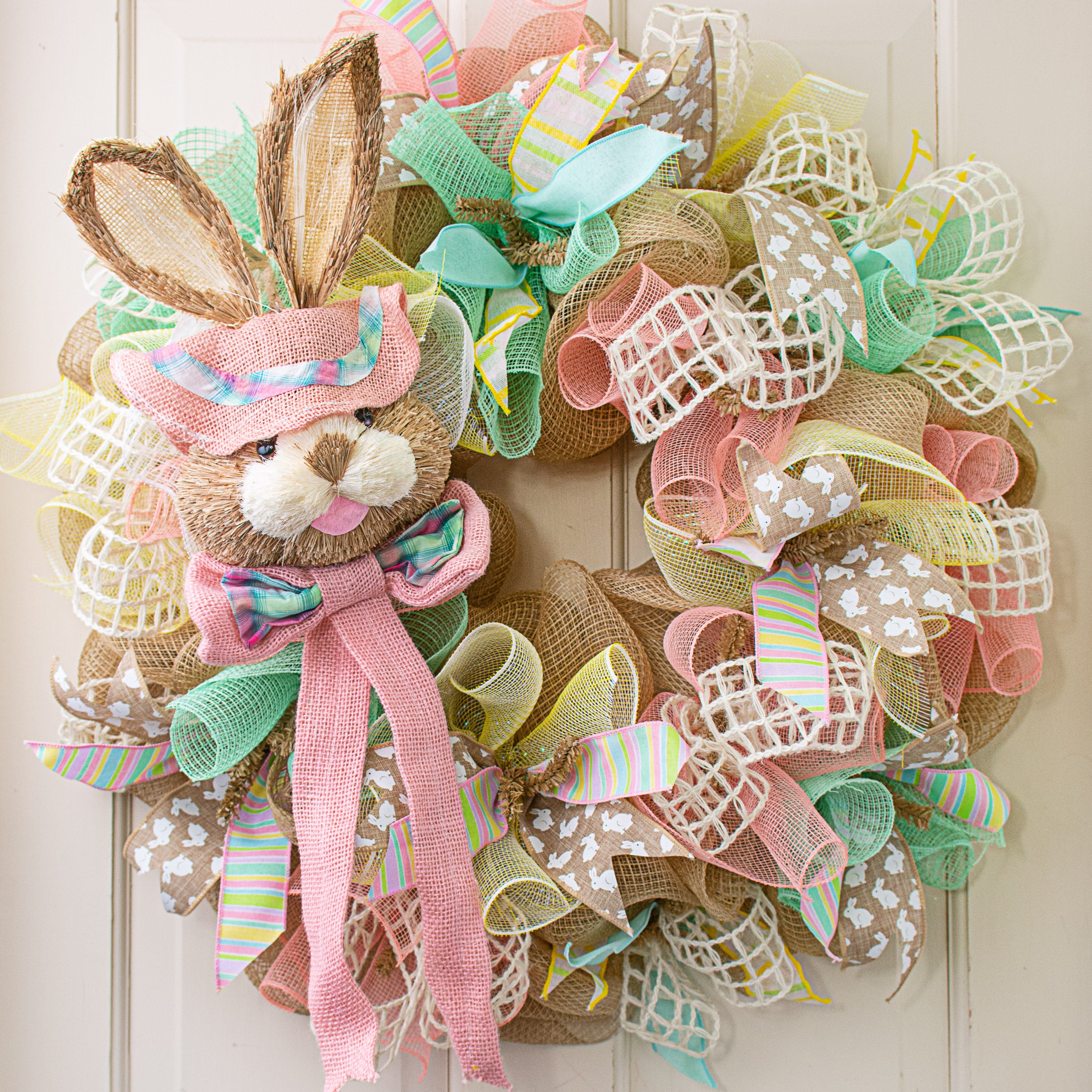 25" Sisal Bunny Head: Pink With Plaid Fabric Lifestyle Photo