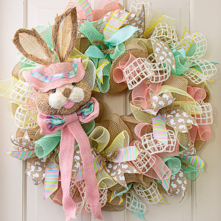 25" Sisal Bunny Head: Pink With Plaid Fabric Lifestyle Photo