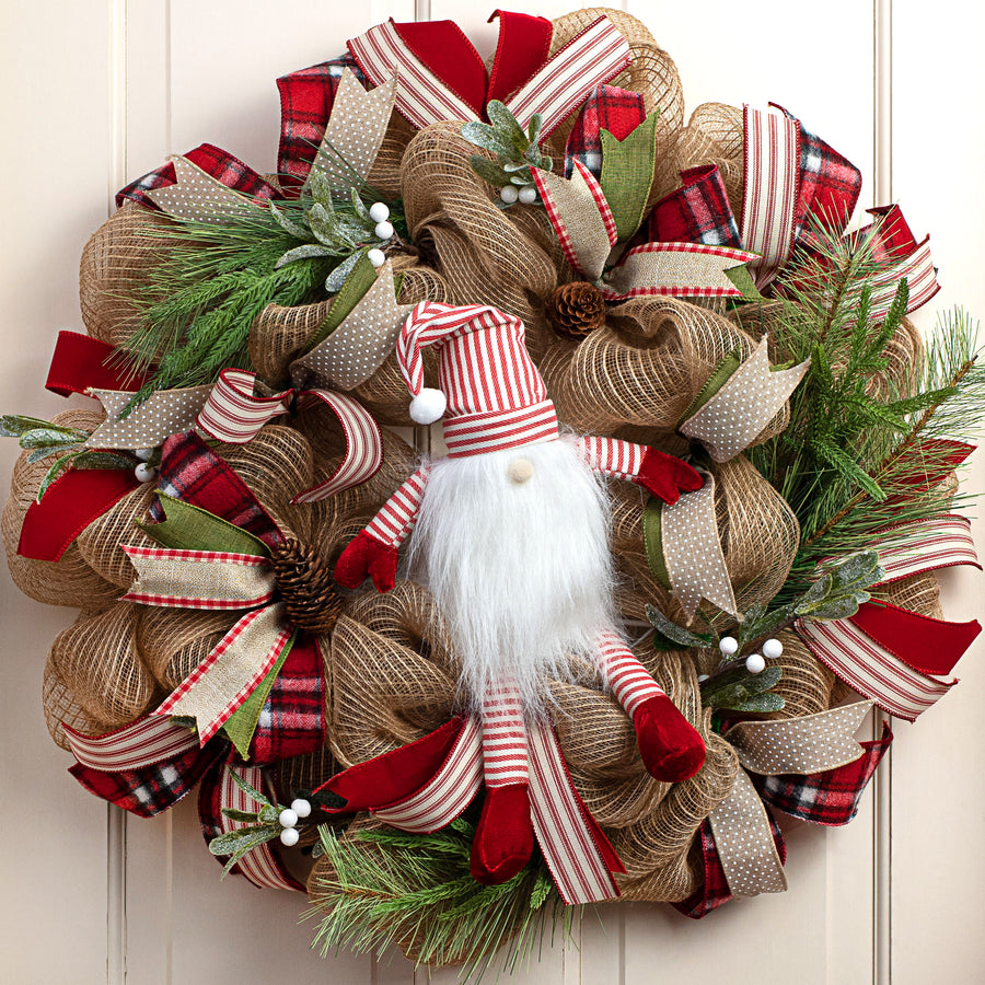 14" Sitting Santa Gnome With Stripe Hat Lifestyle Photo