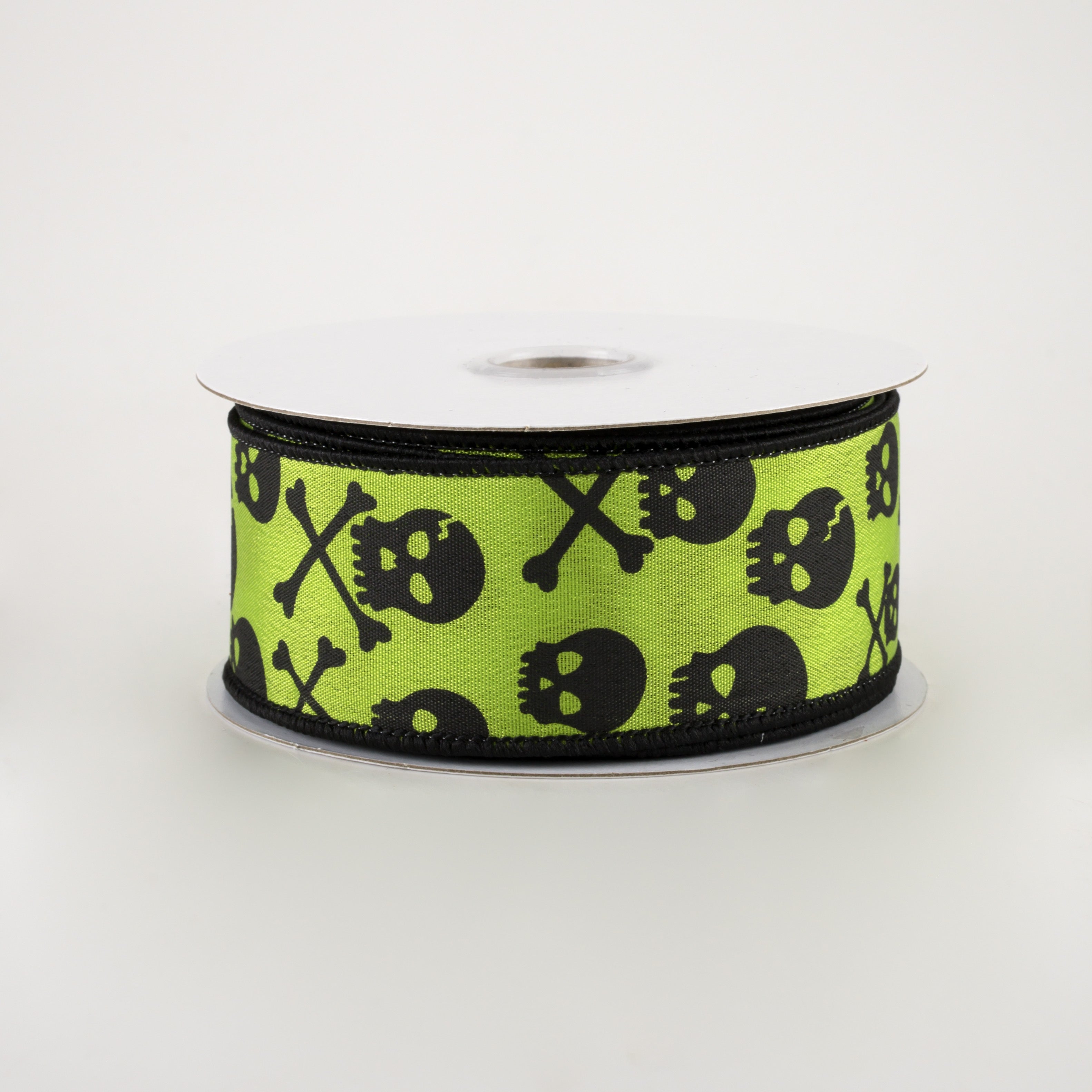 1.5" Skull and Crossbones Ribbon: Lime & Black (10 Yards)